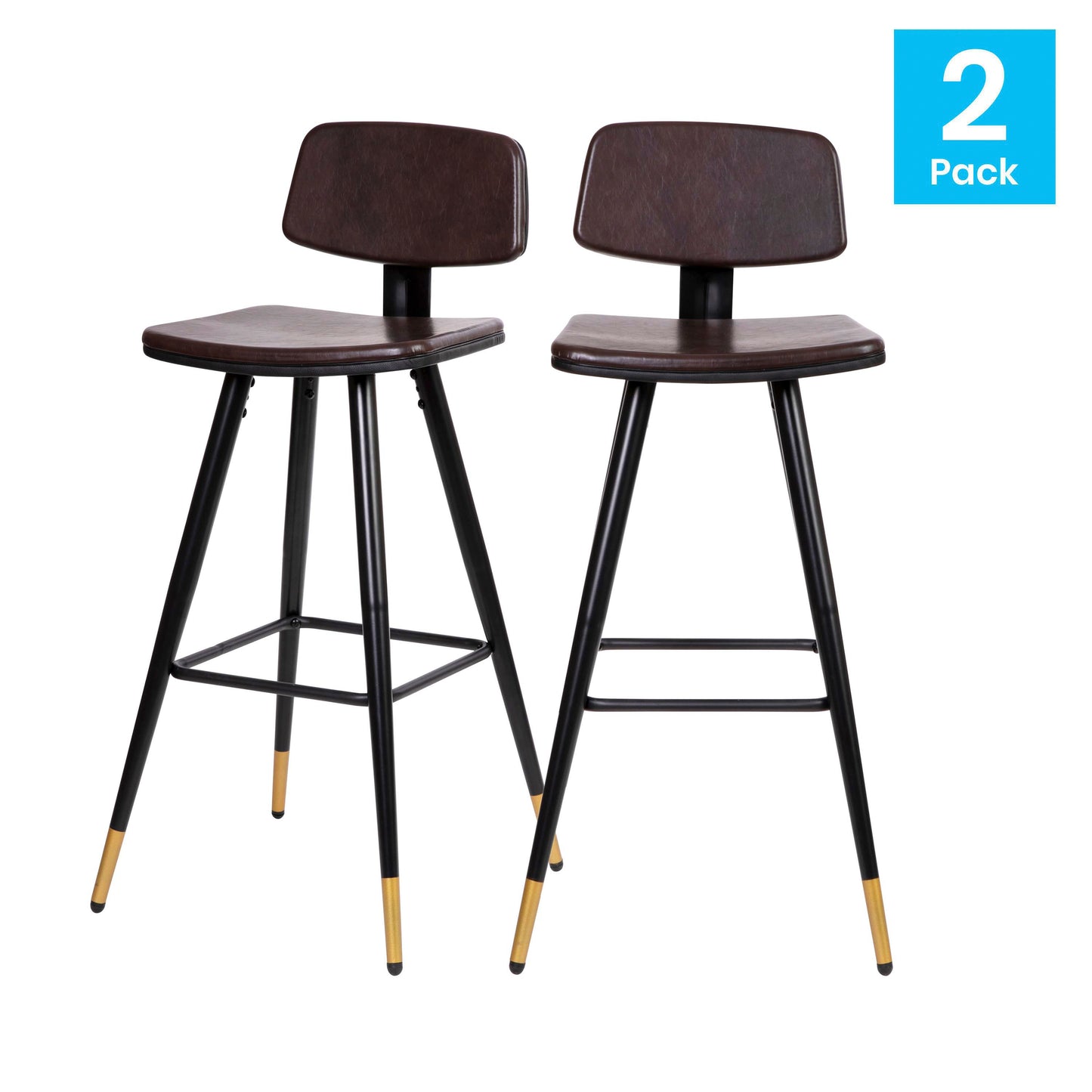 Kora Commercial Grade Low Back Barstools-Brown LeatherSoft Upholstery-Black Iron Frame-Integrated Footrest-Gold Tipped Legs-Set of 2 Brown