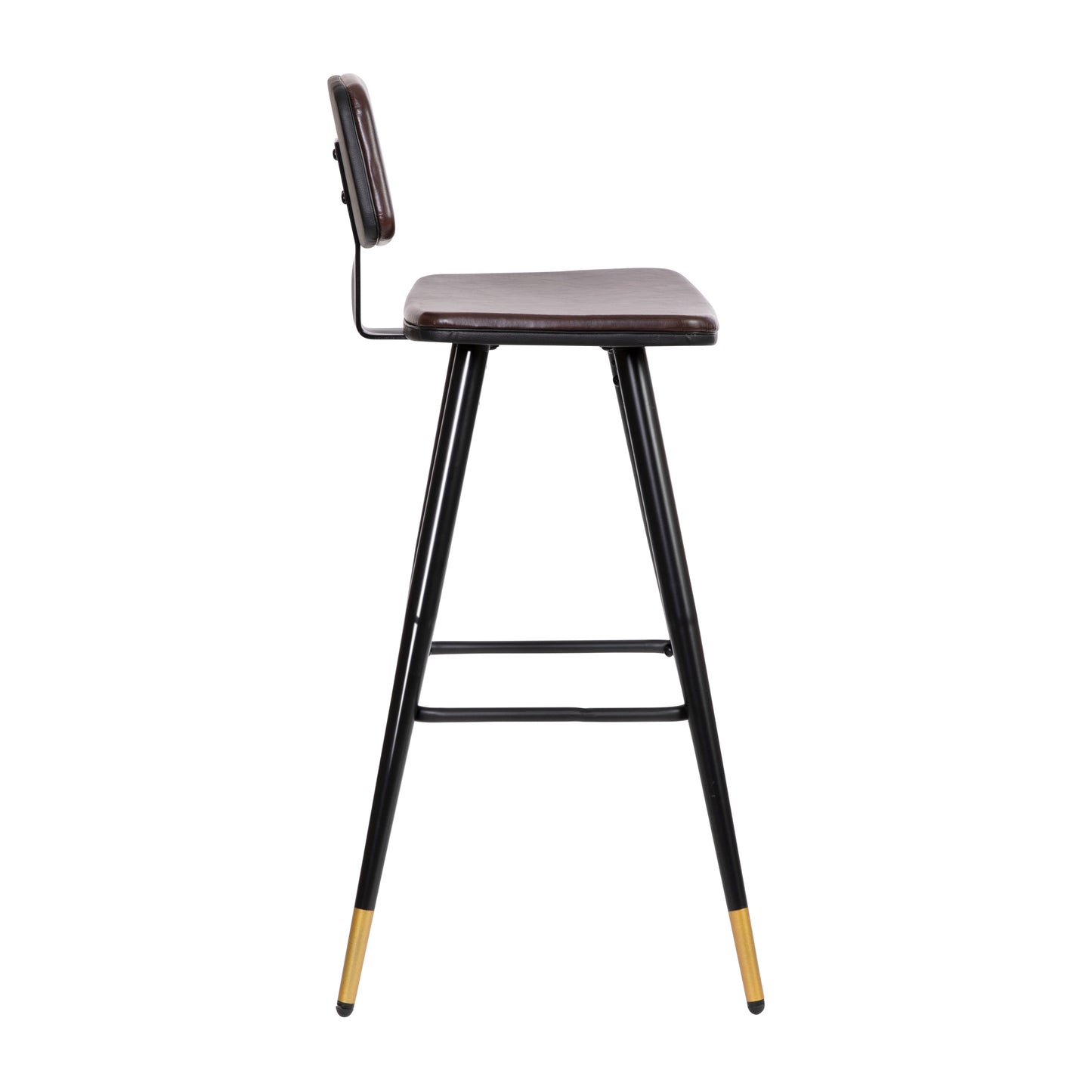 Kora Commercial Grade Low Back Barstools-Brown LeatherSoft Upholstery-Black Iron Frame-Integrated Footrest-Gold Tipped Legs-Set of 2 Brown