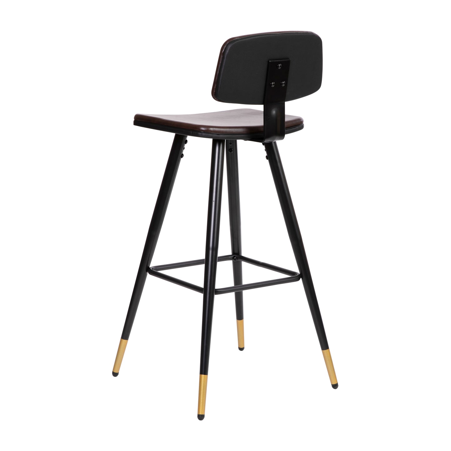 Kora Commercial Grade Low Back Barstools-Brown LeatherSoft Upholstery-Black Iron Frame-Integrated Footrest-Gold Tipped Legs-Set of 2 Brown