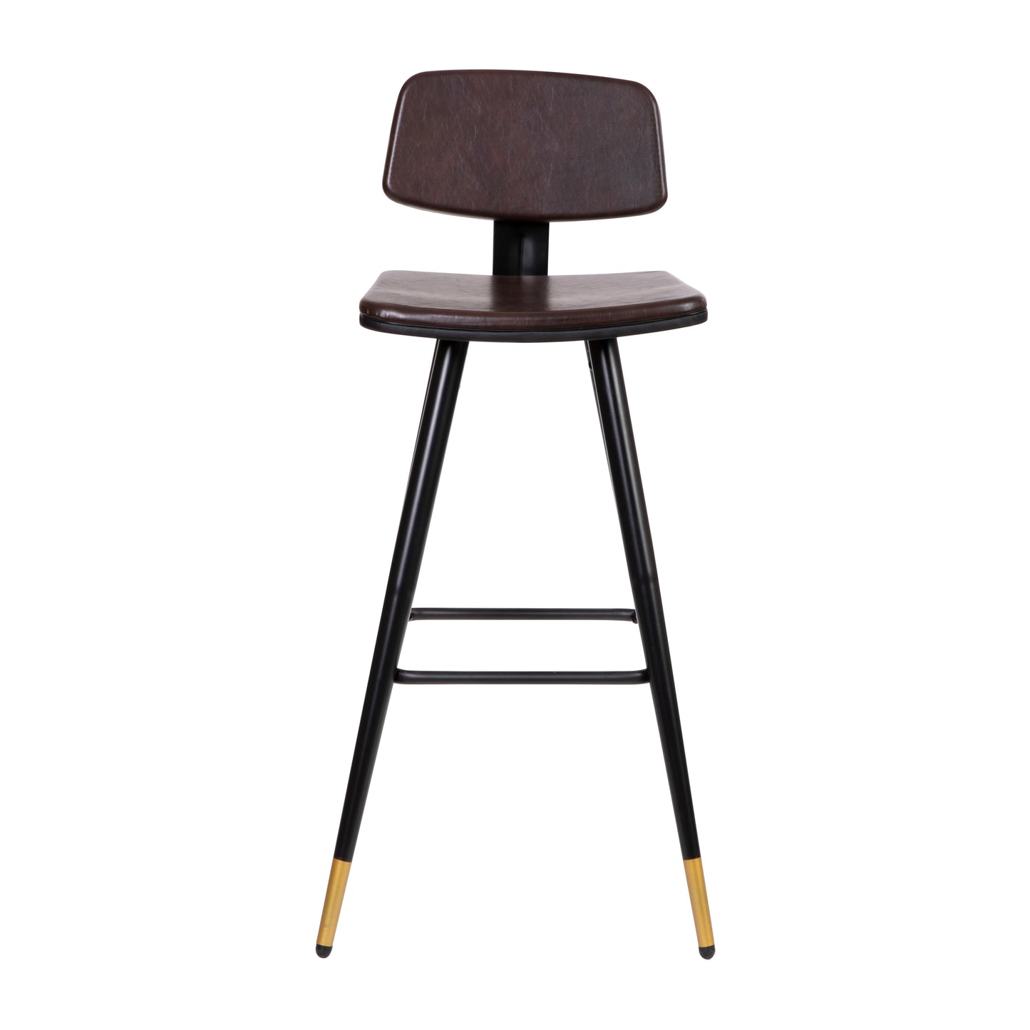 Kora Commercial Grade Low Back Barstools-Brown LeatherSoft Upholstery-Black Iron Frame-Integrated Footrest-Gold Tipped Legs-Set of 2 Brown