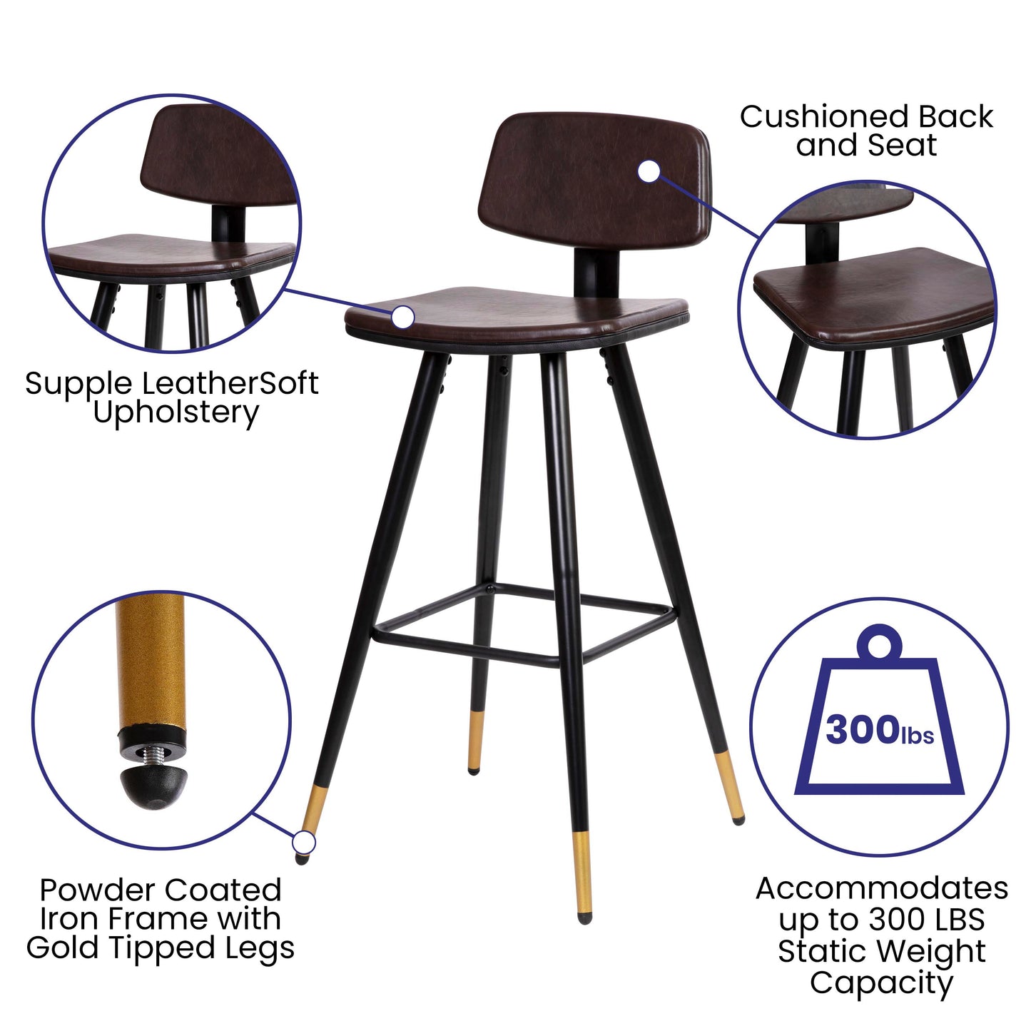 Kora Commercial Grade Low Back Barstools-Brown LeatherSoft Upholstery-Black Iron Frame-Integrated Footrest-Gold Tipped Legs-Set of 2 Brown