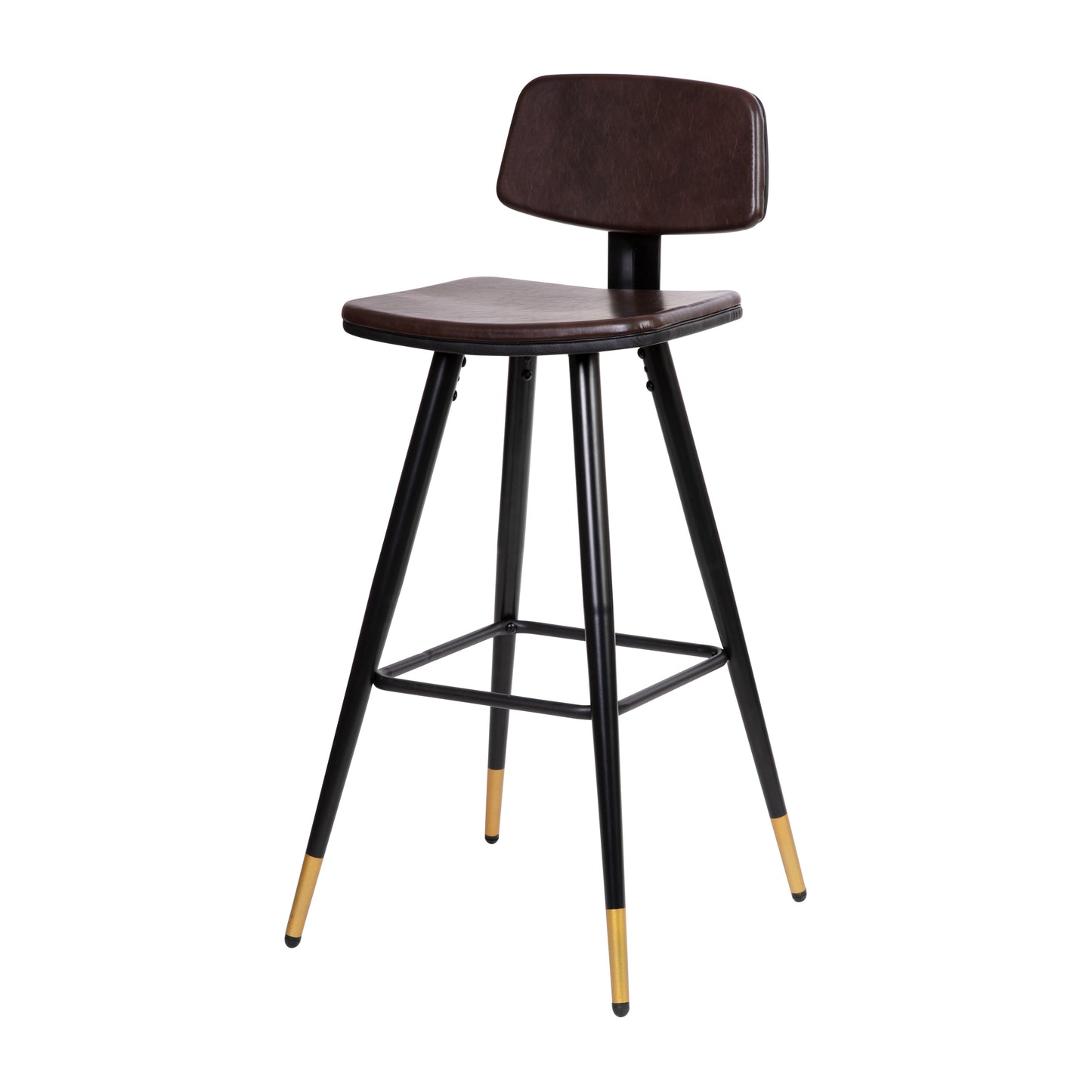 Kora Commercial Grade Low Back Barstools-Brown LeatherSoft Upholstery-Black Iron Frame-Integrated Footrest-Gold Tipped Legs-Set of 2 Brown