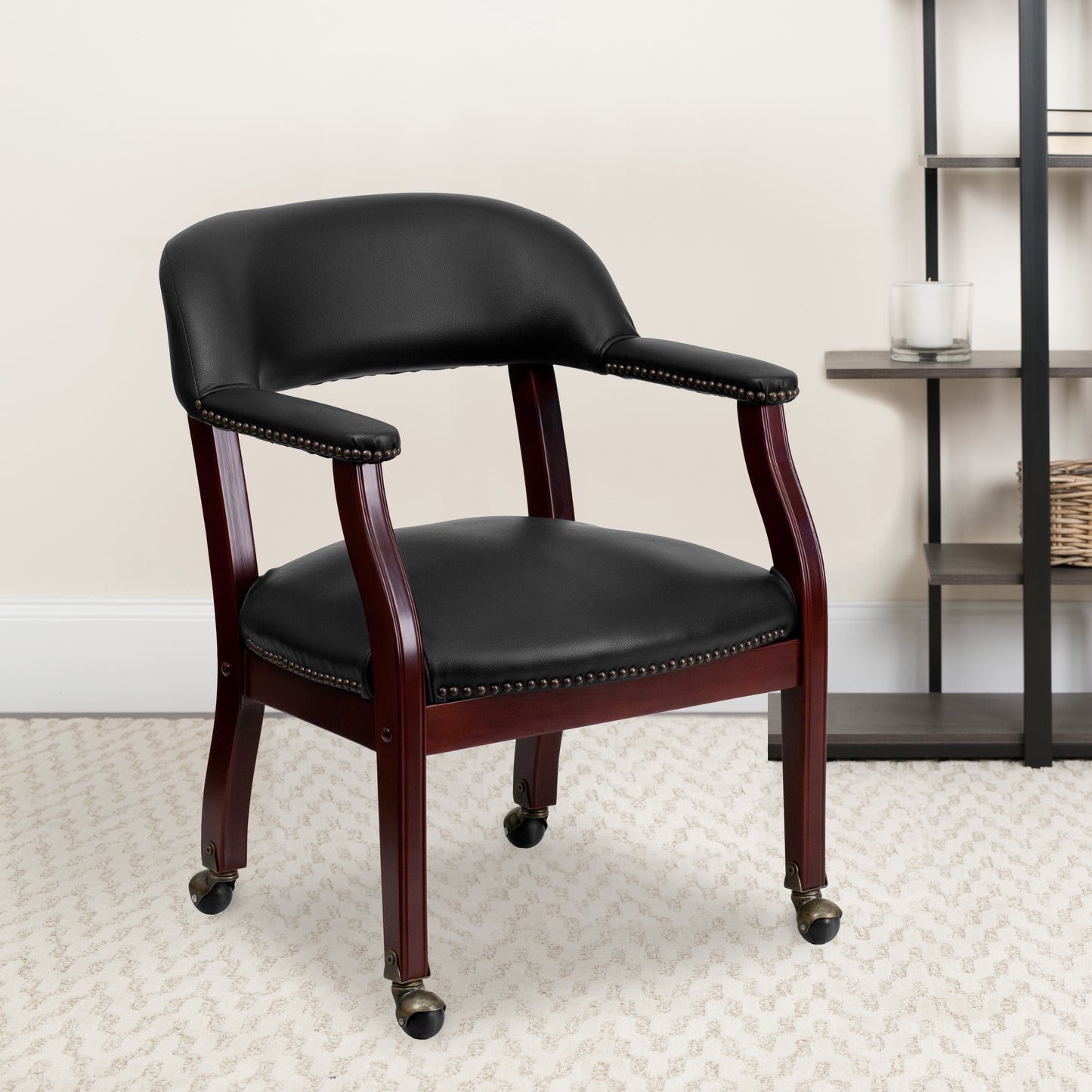 Sarah Black Vinyl Luxurious Conference Chair with Accent Nail Trim and Casters Black Vinyl