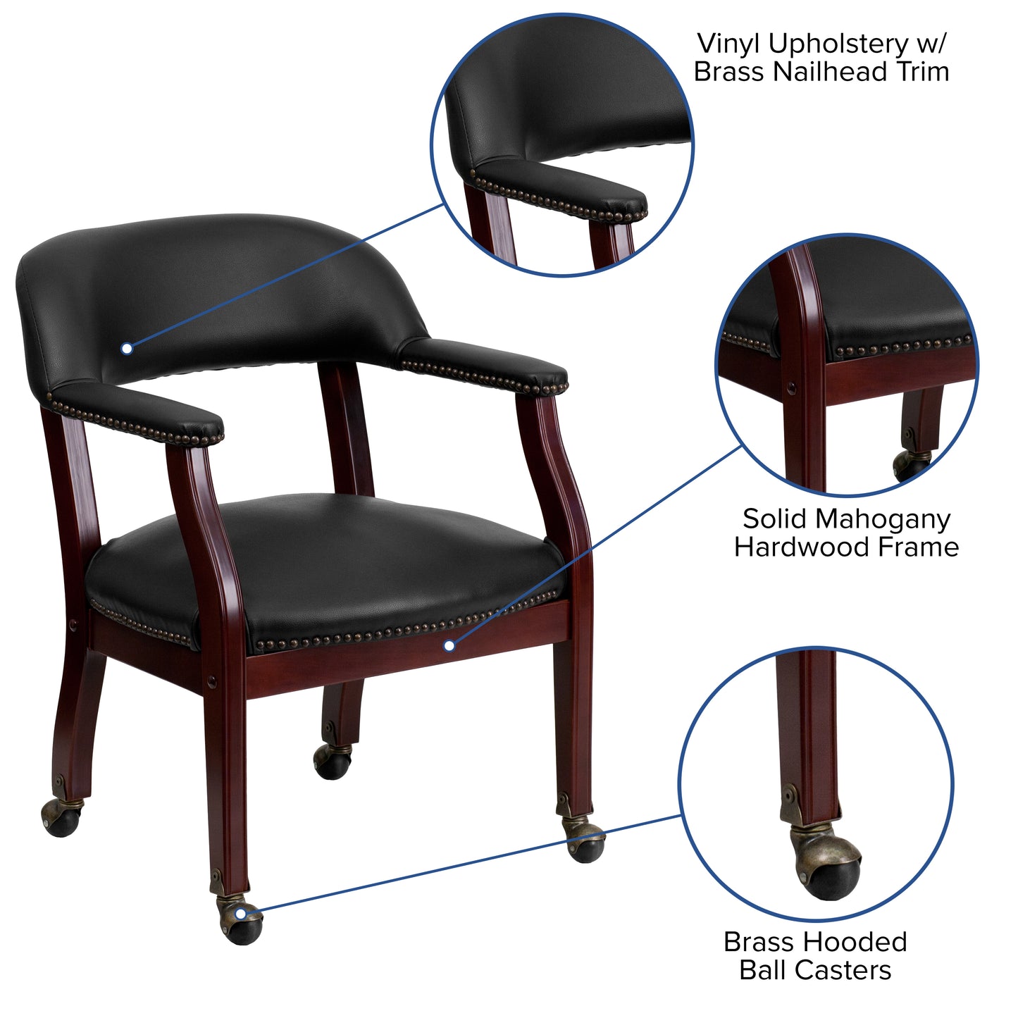 Sarah Black Vinyl Luxurious Conference Chair with Accent Nail Trim and Casters Black Vinyl