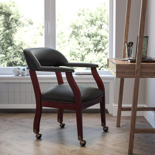 Diamond Black LeatherSoft Conference Chair with Accent Nail Trim and Casters Black LeatherSoft