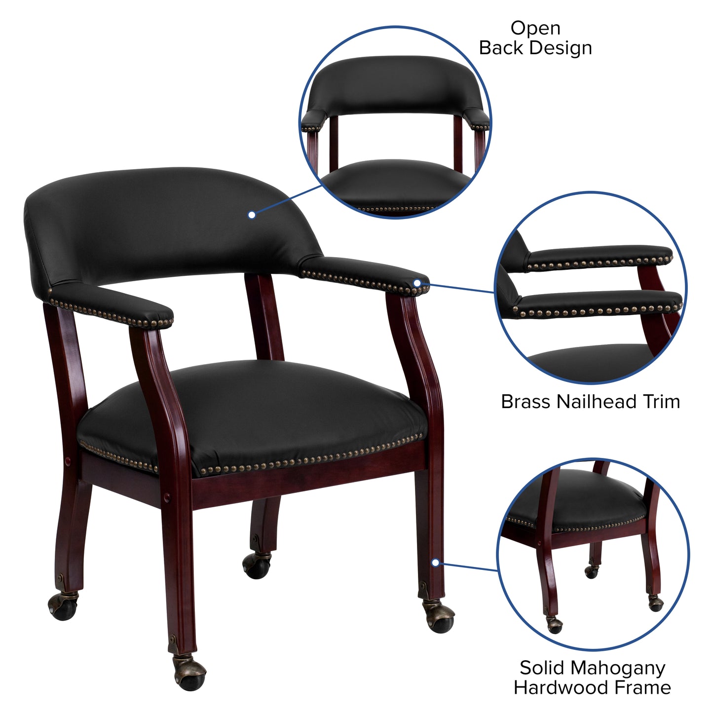 Diamond Black LeatherSoft Conference Chair with Accent Nail Trim and Casters Black LeatherSoft