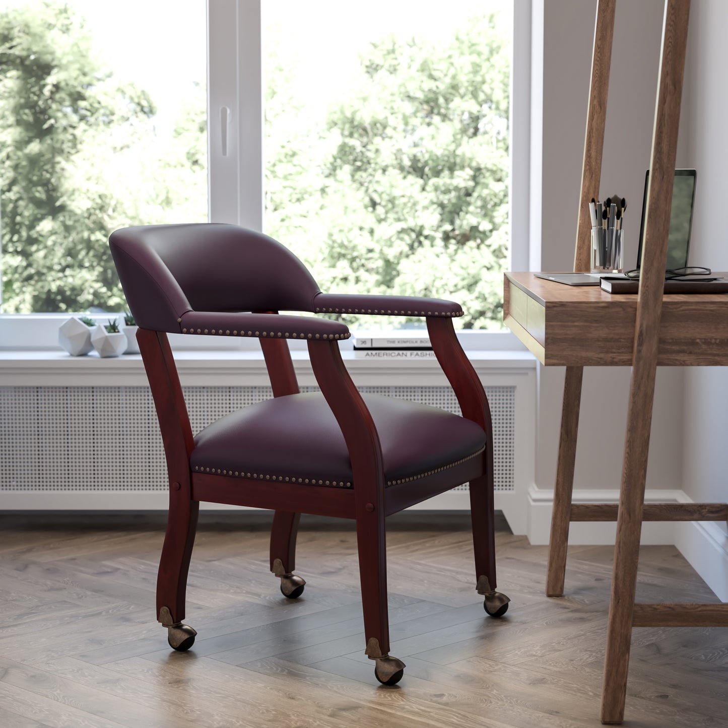 Diamond Burgundy LeatherSoft Conference Chair with Accent Nail Trim and Casters Burgundy LeatherSoft
