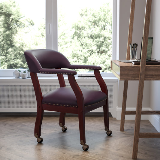 Diamond Burgundy LeatherSoft Conference Chair with Accent Nail Trim and Casters Burgundy LeatherSoft