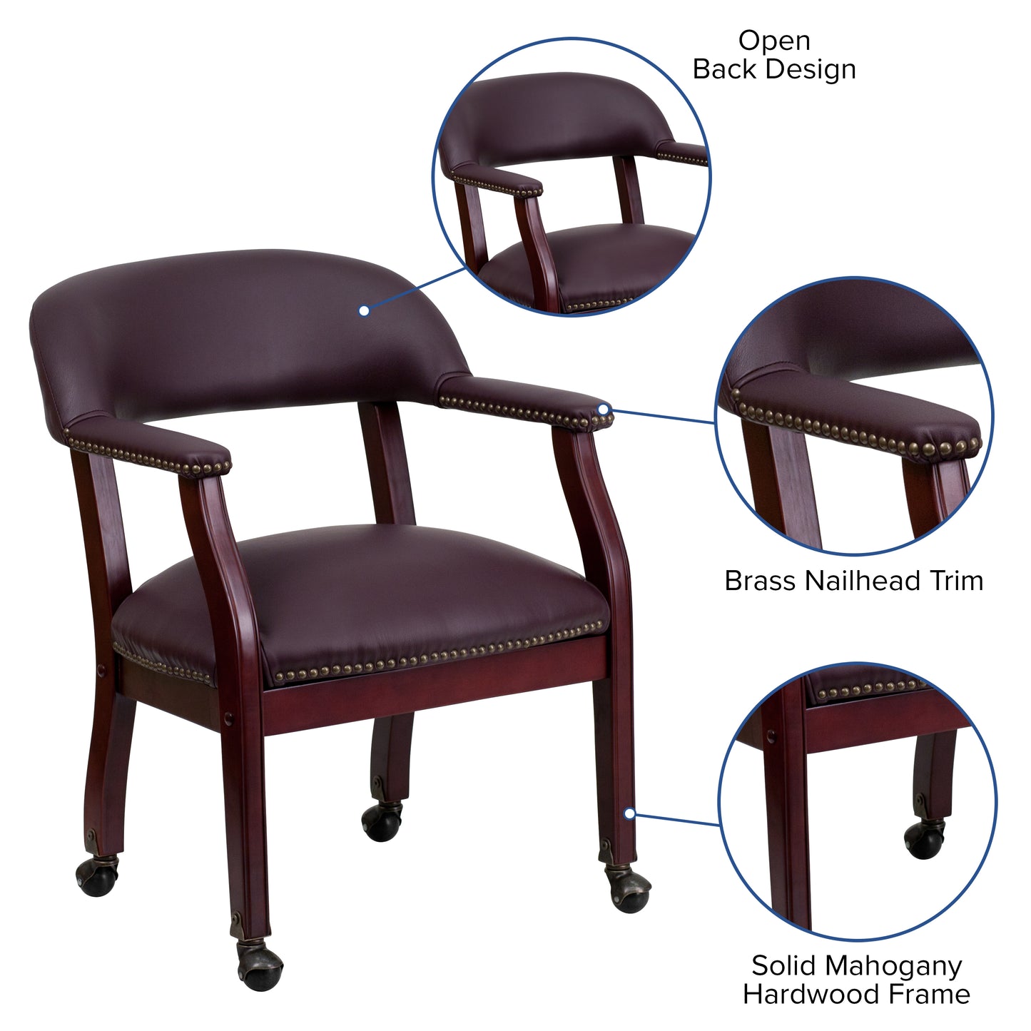 Diamond Burgundy LeatherSoft Conference Chair with Accent Nail Trim and Casters Burgundy LeatherSoft