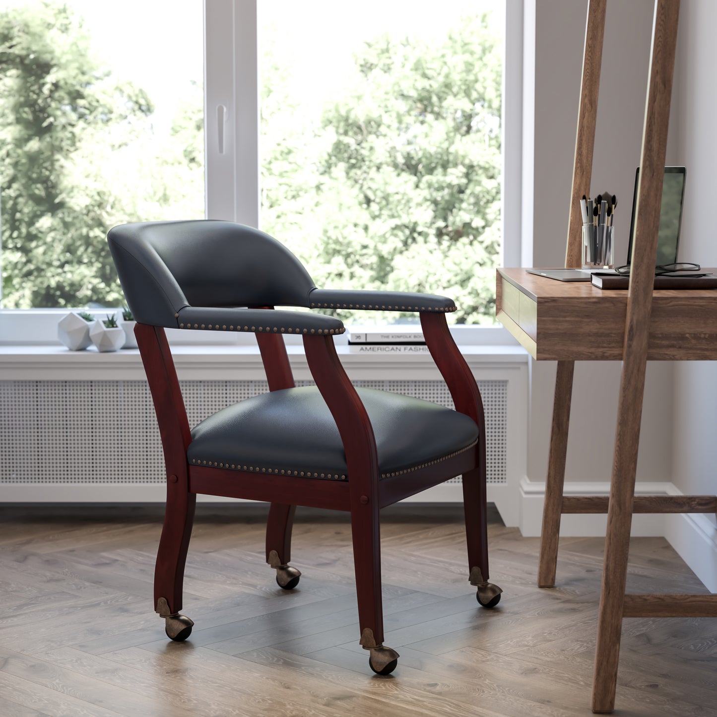 Sarah Navy Vinyl Luxurious Conference Chair with Accent Nail Trim and Casters Navy Vinyl