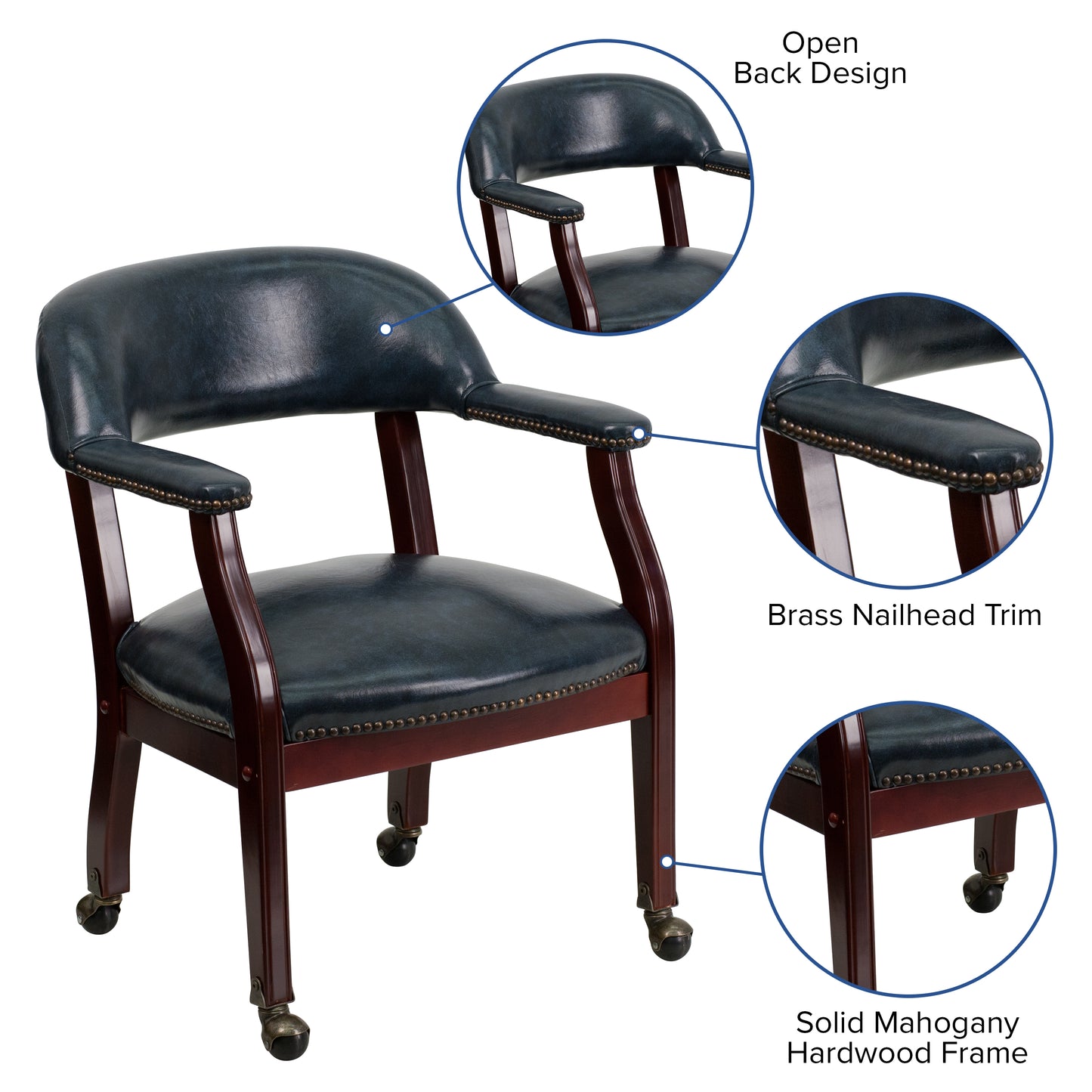 Sarah Navy Vinyl Luxurious Conference Chair with Accent Nail Trim and Casters Navy Vinyl