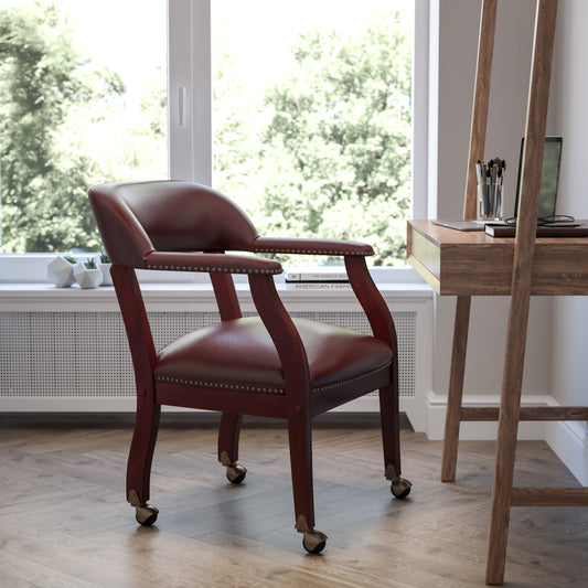 Sarah Oxblood Vinyl Luxurious Conference Chair with Accent Nail Trim and Casters Oxblood Vinyl