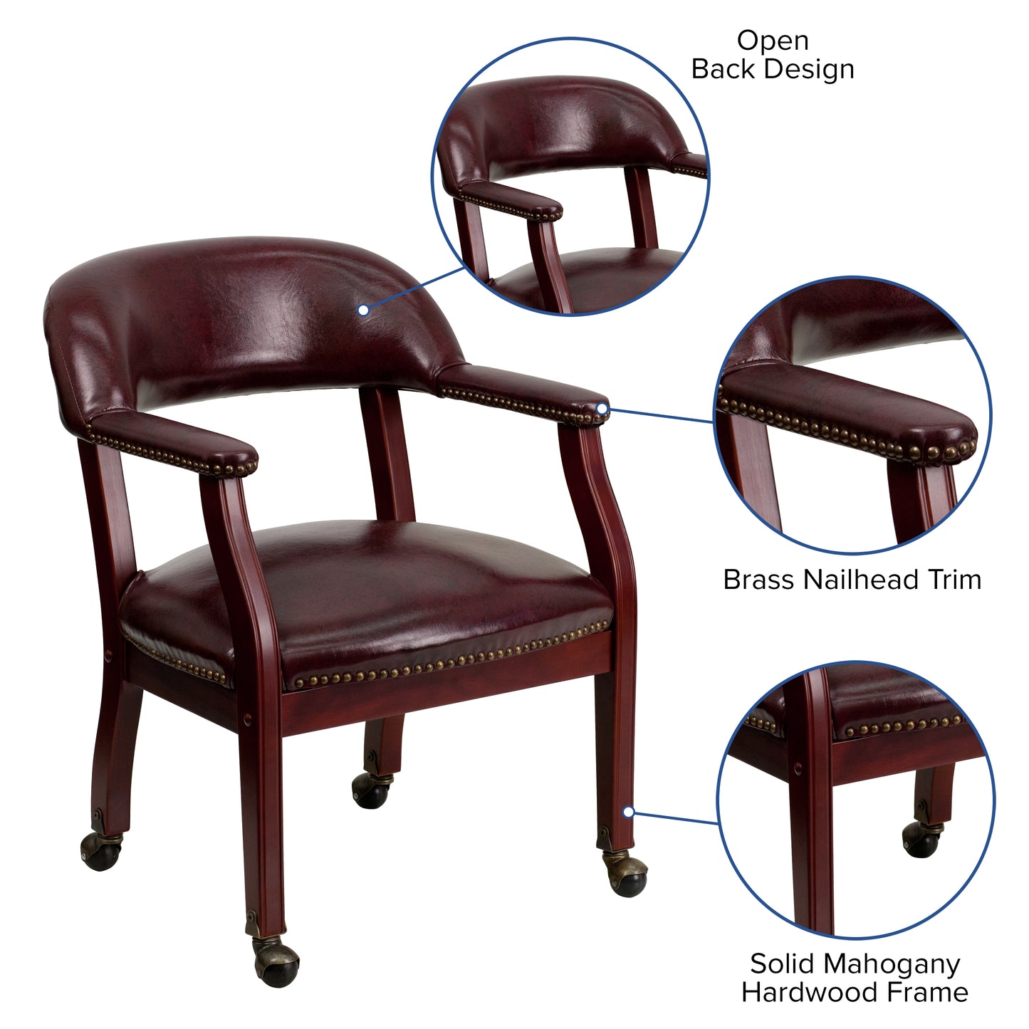 Sarah Oxblood Vinyl Luxurious Conference Chair with Accent Nail Trim and Casters Oxblood Vinyl