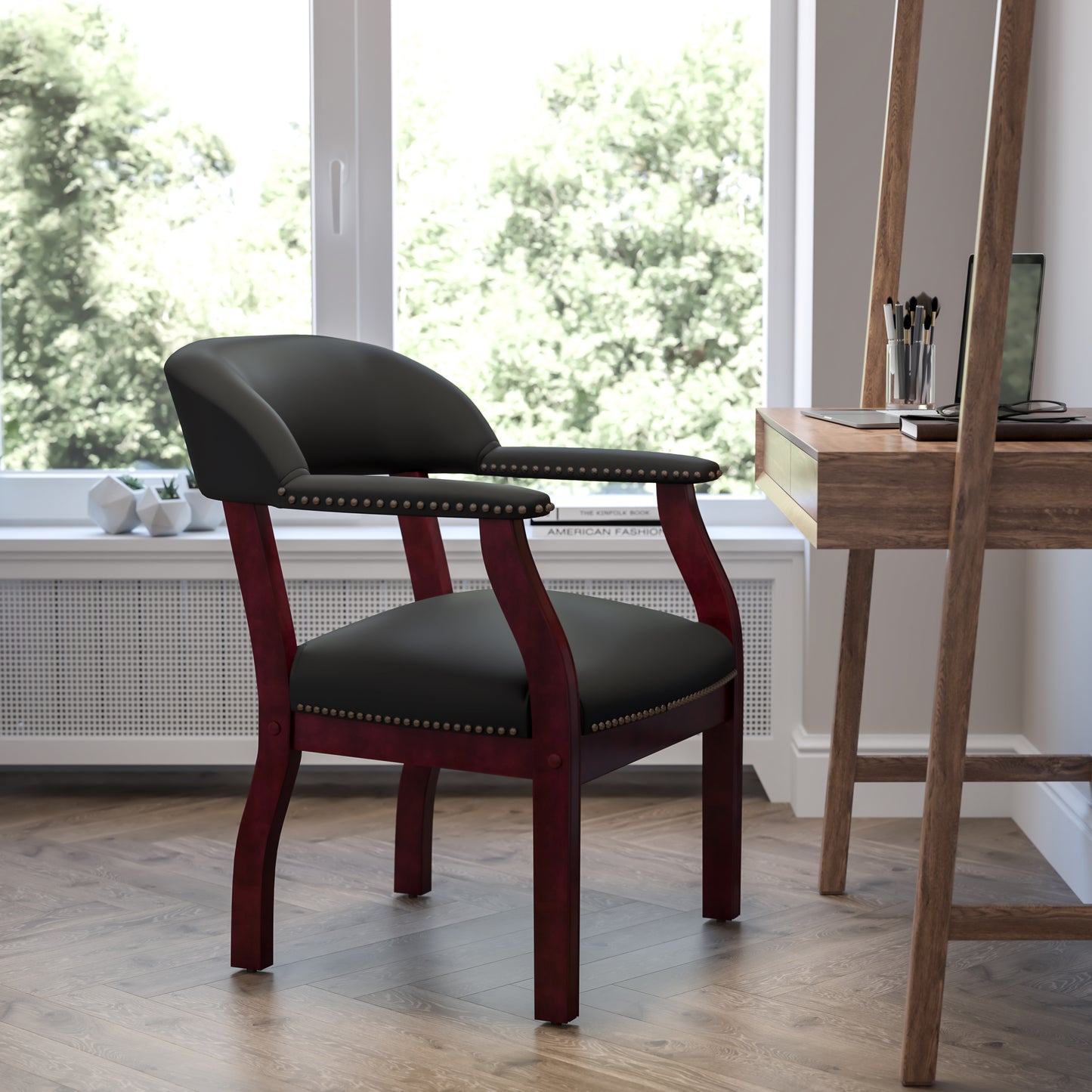 Diamond Black Vinyl Luxurious Conference Chair with Accent Nail Trim Black Vinyl