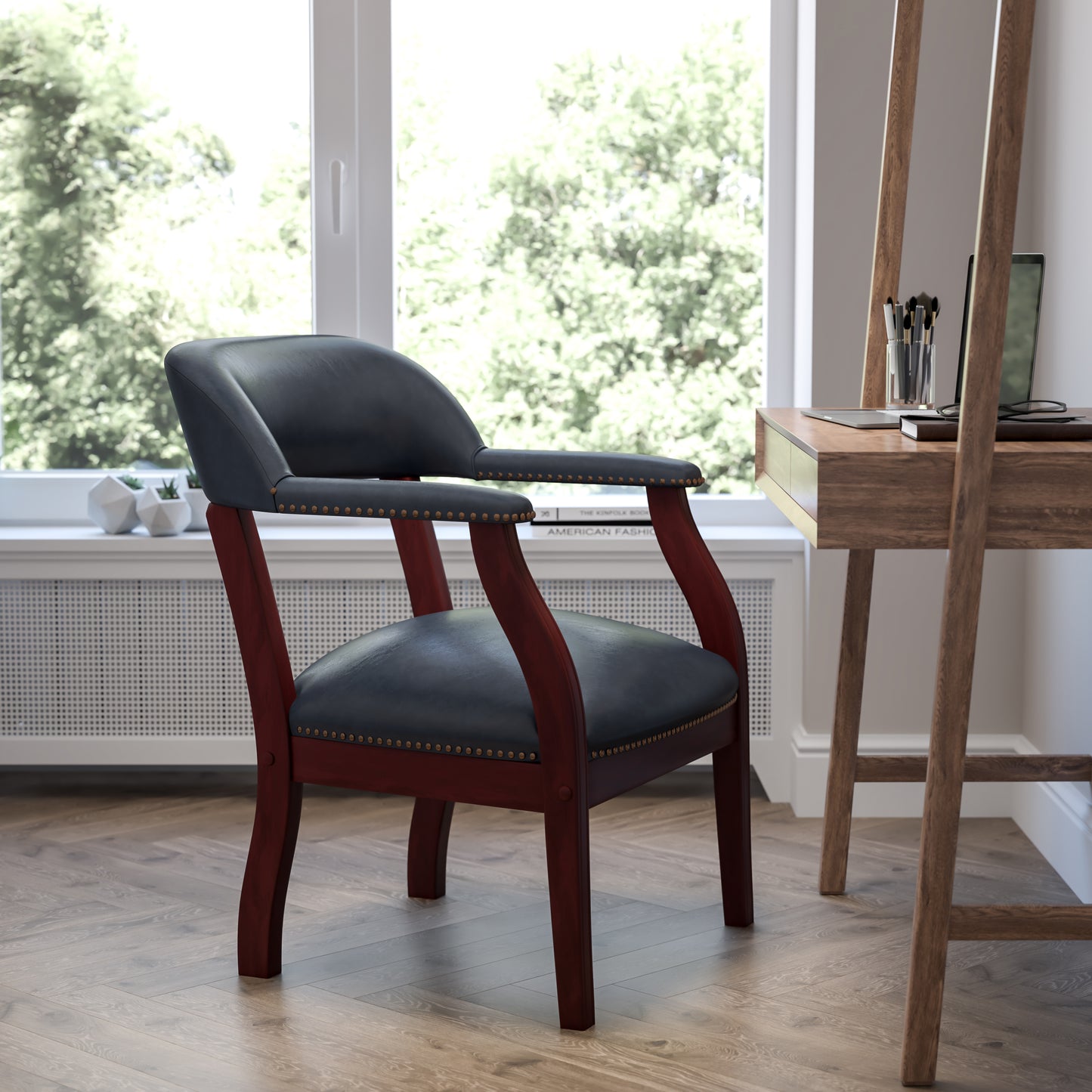 Diamond Navy Vinyl Luxurious Conference Chair with Accent Nail Trim Navy Vinyl