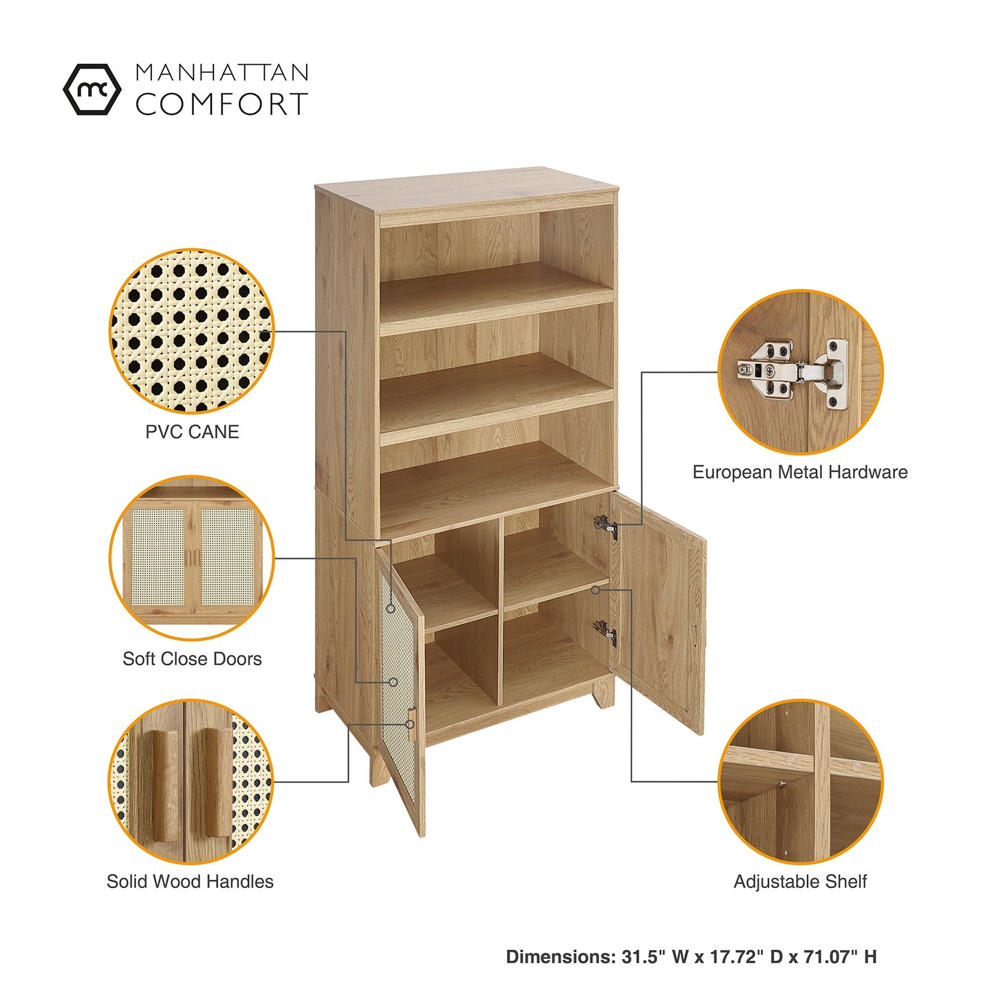 Sheridan Mid-Century Modern 31" Bookcase Cabinet in Natural (7-Shelf) BC-6GLF-NA