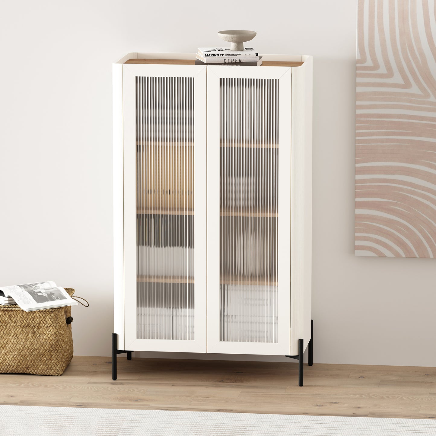 Abbey Modern 32" Tempered Glass Bookcase Cabinet in Maple and Off White (4-Shelf) BC002-OW