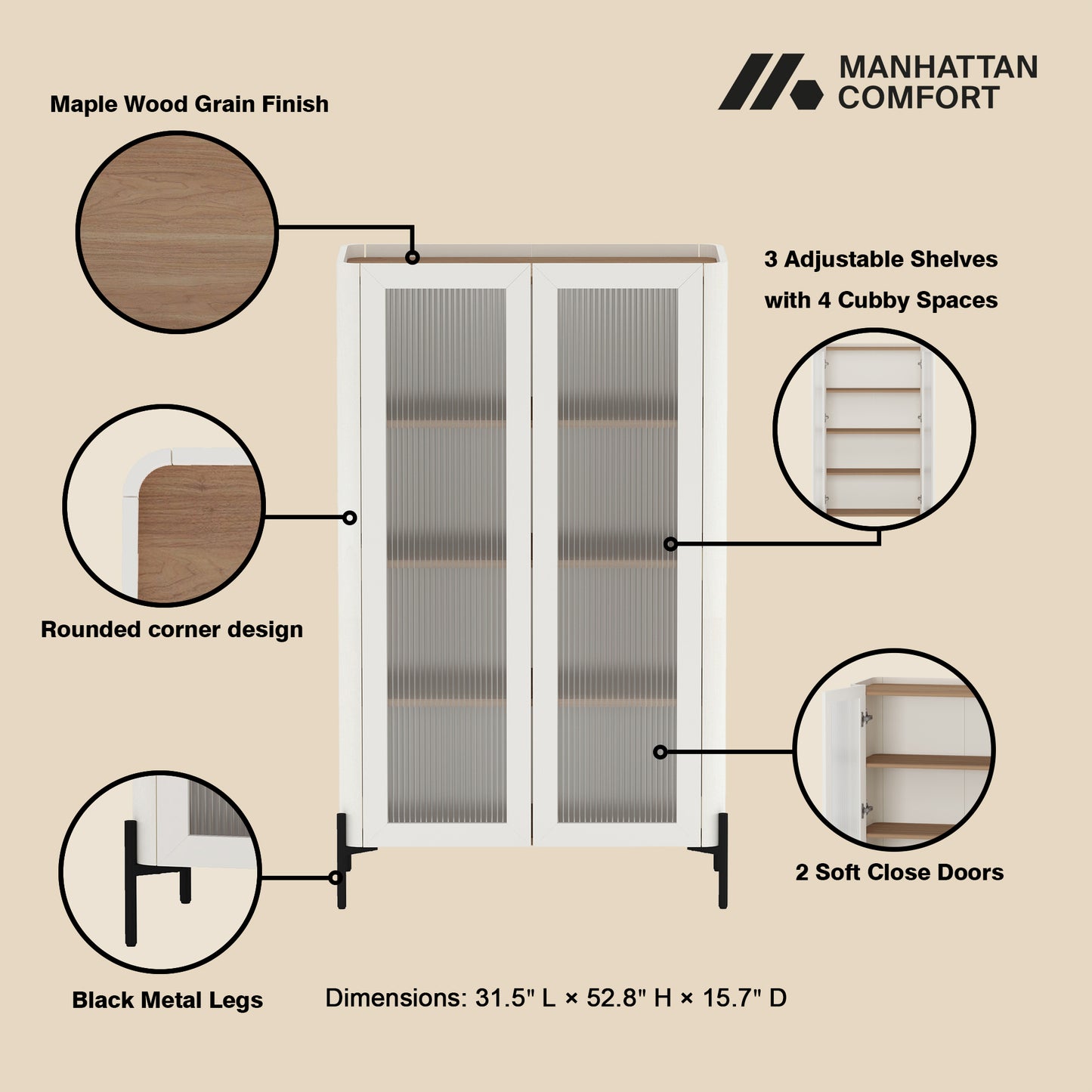 Abbey Modern 32" Tempered Glass Bookcase Cabinet in Maple and Off White (4-Shelf) BC002-OW