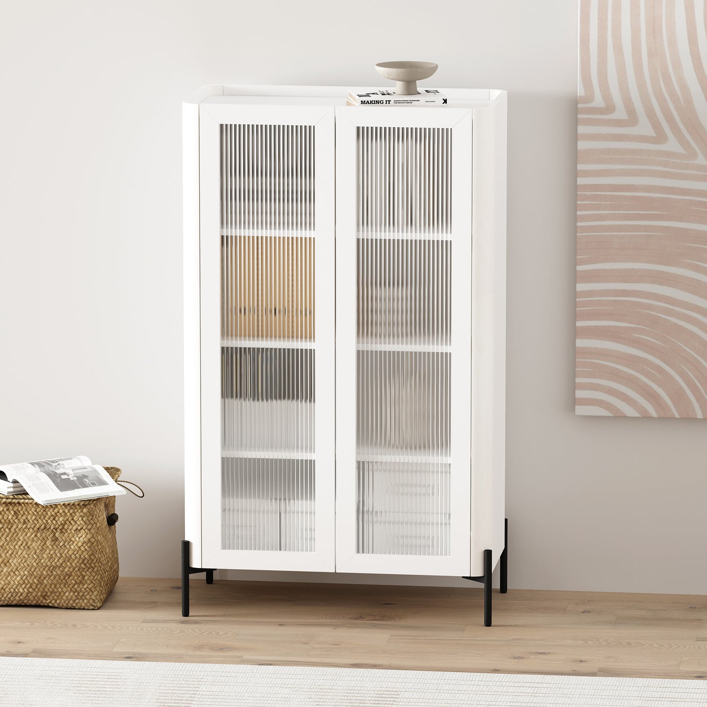 Abbey Modern 32" Tempered Glass Bookcase Cabinet in White (4-Shelf) BC002-WH