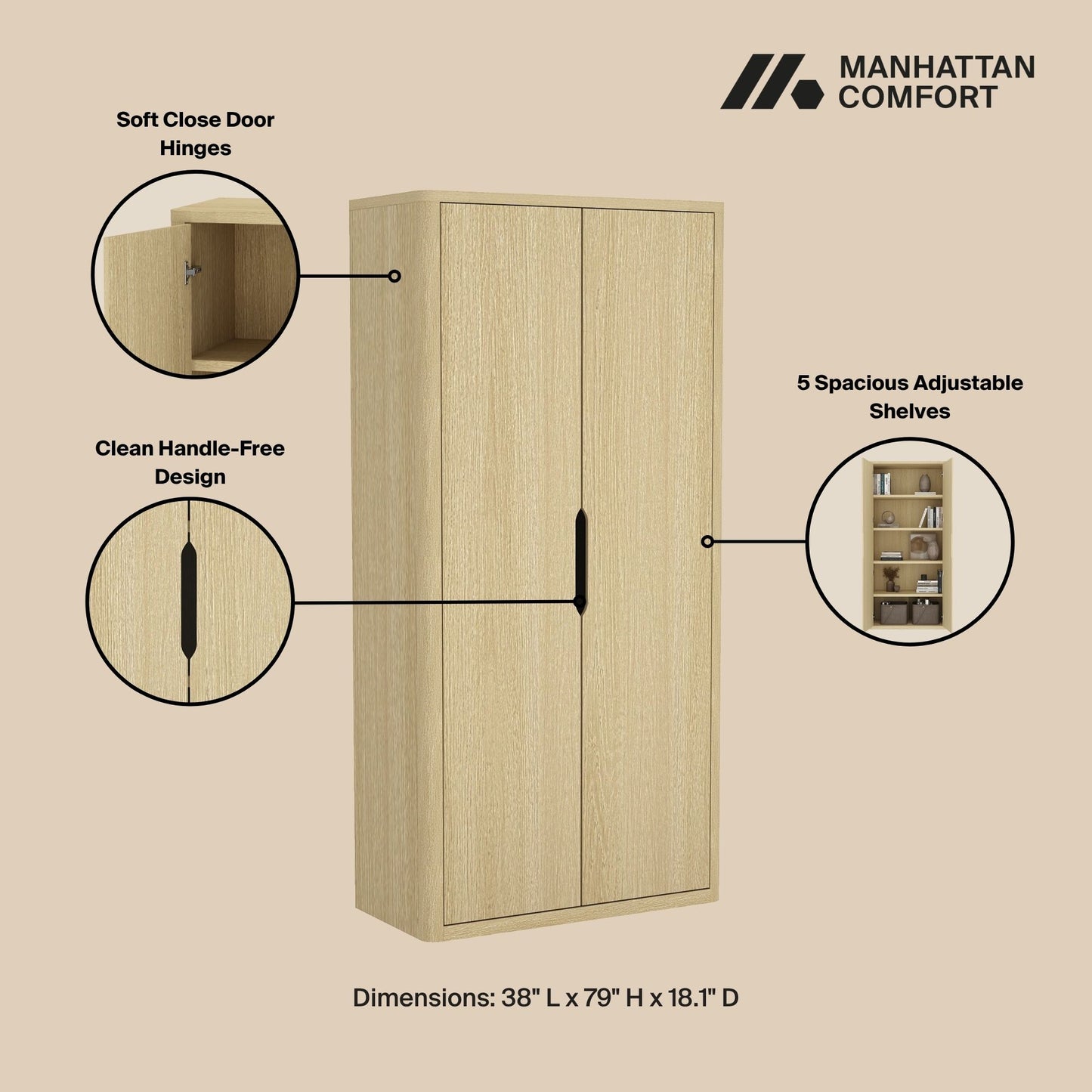 Rivington Modern 38" Bookcase Cabinet in Natural Oak BC004-NA
