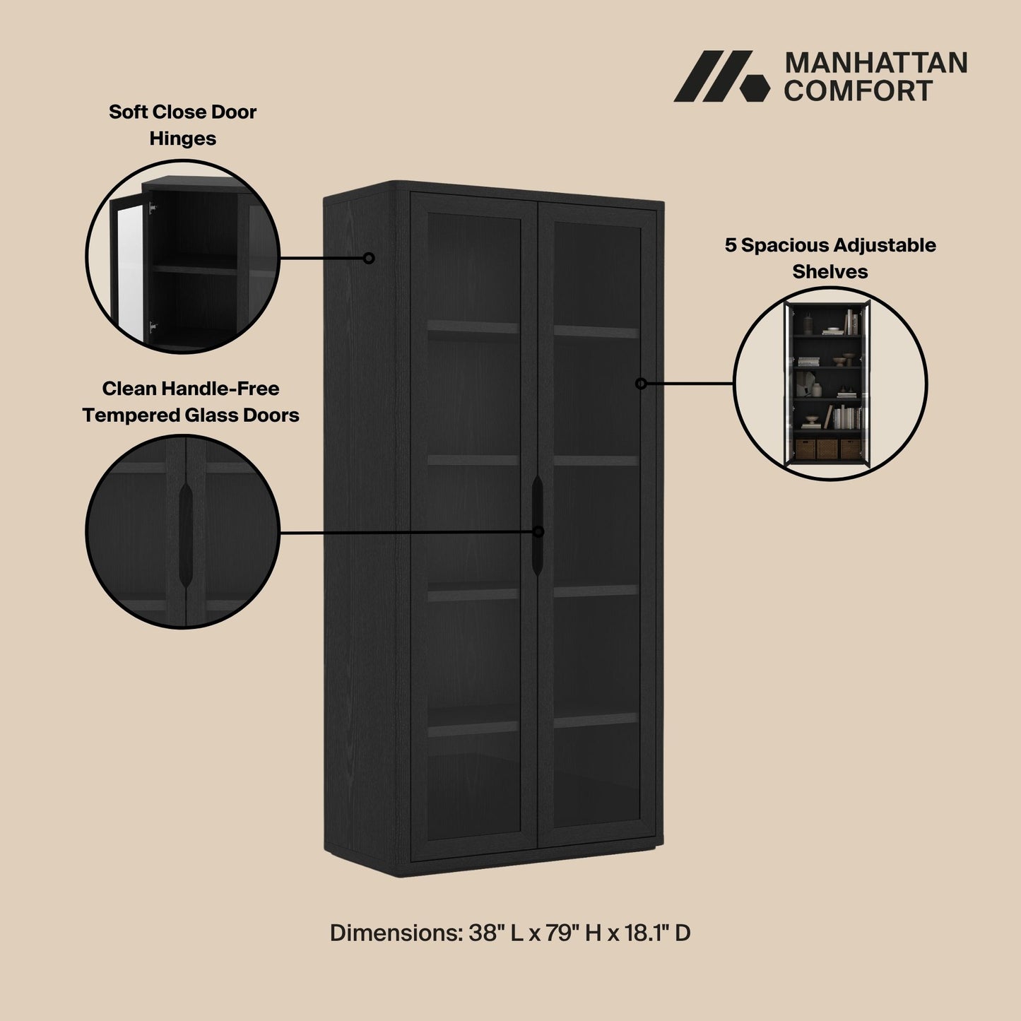 Rivington Modern 38" Bookcase Cabinet in Black BC005-BK