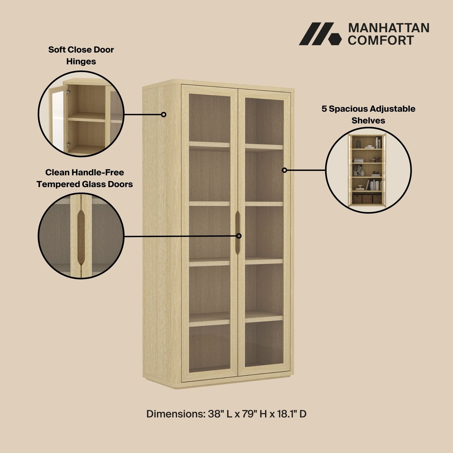 Rivington Modern 38" Bookcase Cabinet in Natural Oak BC005-NA