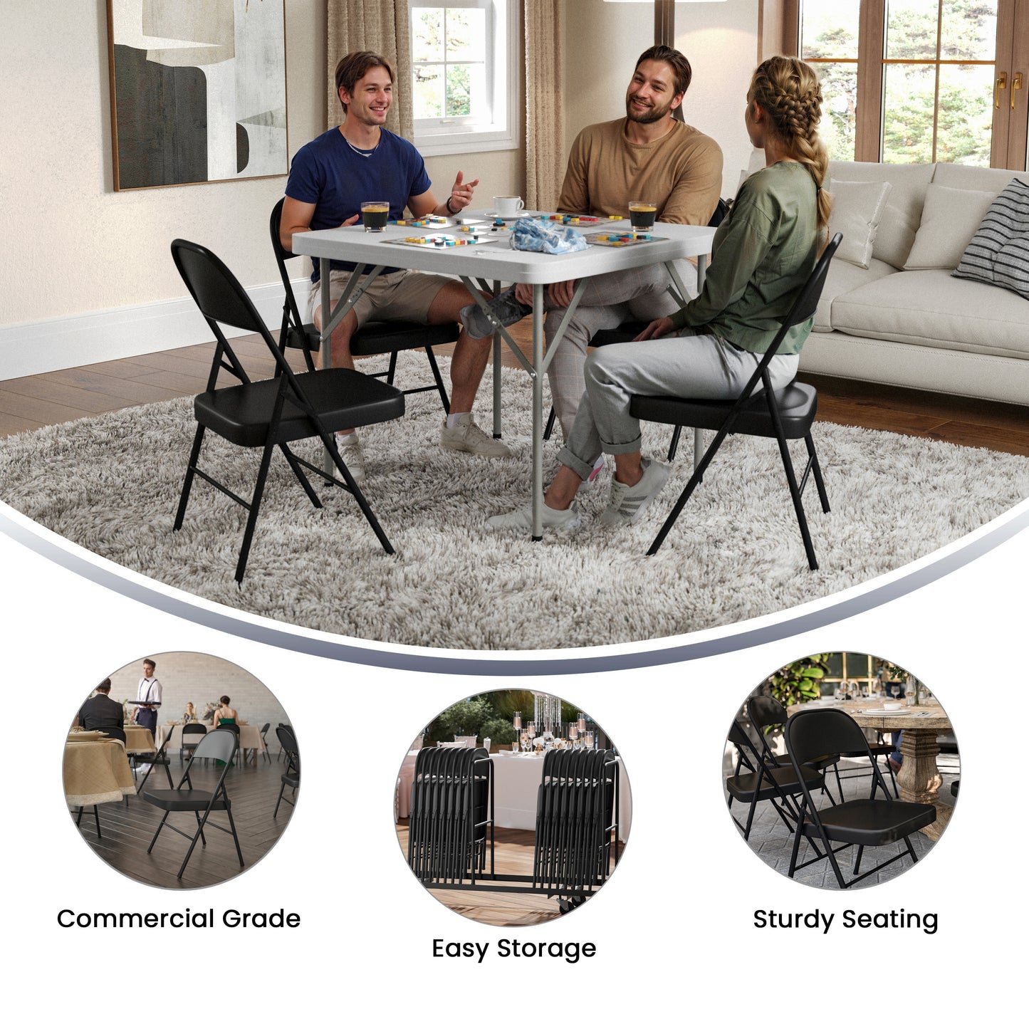 2 Pack HERCULES Series Double Braced Black Metal Folding Chair Black