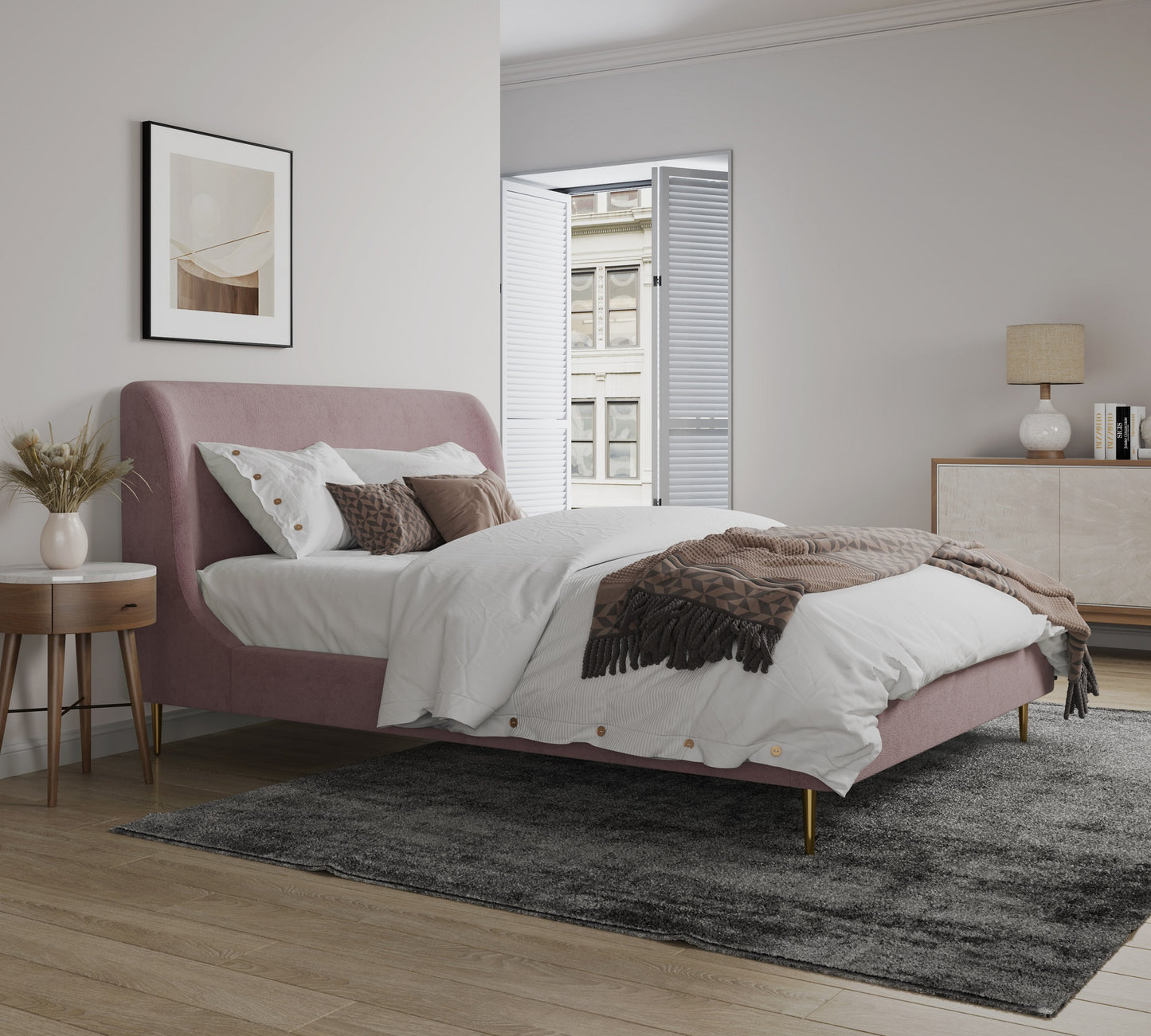 Heather Mid-Century Modern Upholstered Velvet Full Bed in Blush and Gold BD003-FL-BH