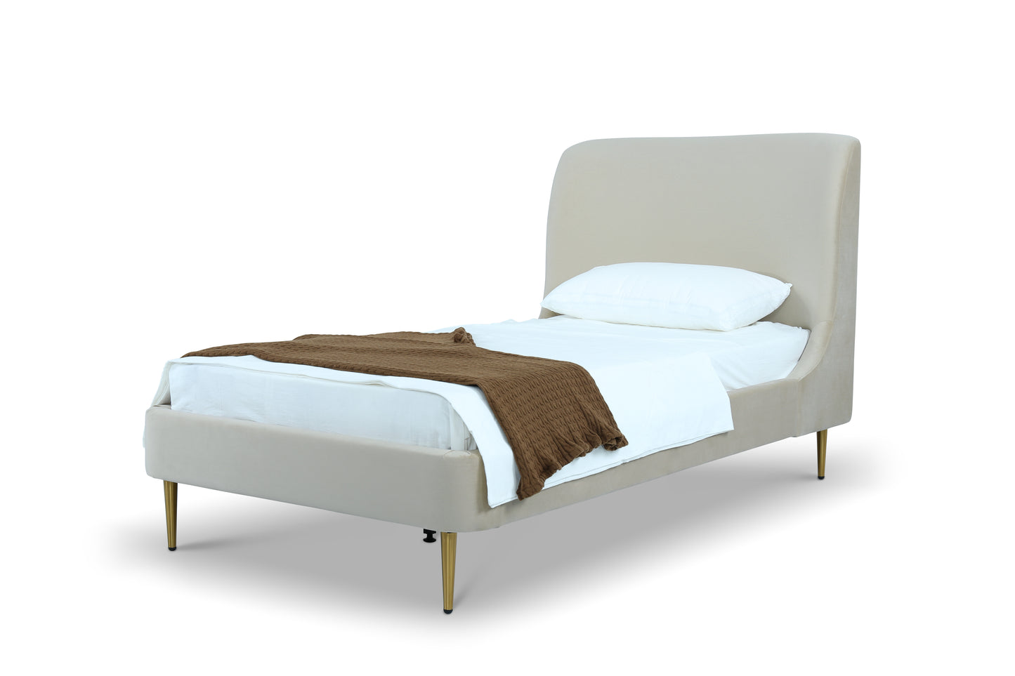 Manhattan Comfort Heather Velvet Twin Bed in Cream with Gold Legs BD003-TW-CR