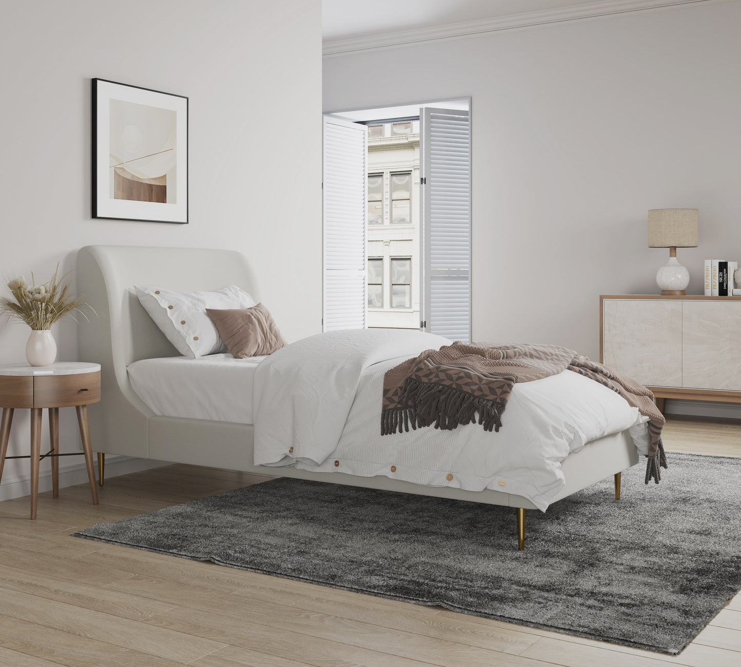 Manhattan Comfort Heather Velvet Twin Bed in Cream with Gold Legs BD003-TW-CR