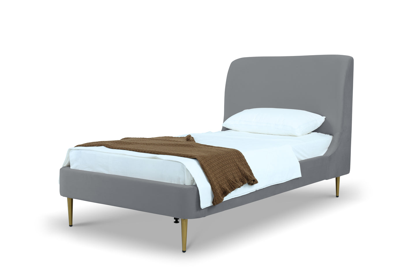 Manhattan Comfort Heather Velvet Twin Bed in Grey with Gold Legs BD003-TW-GY