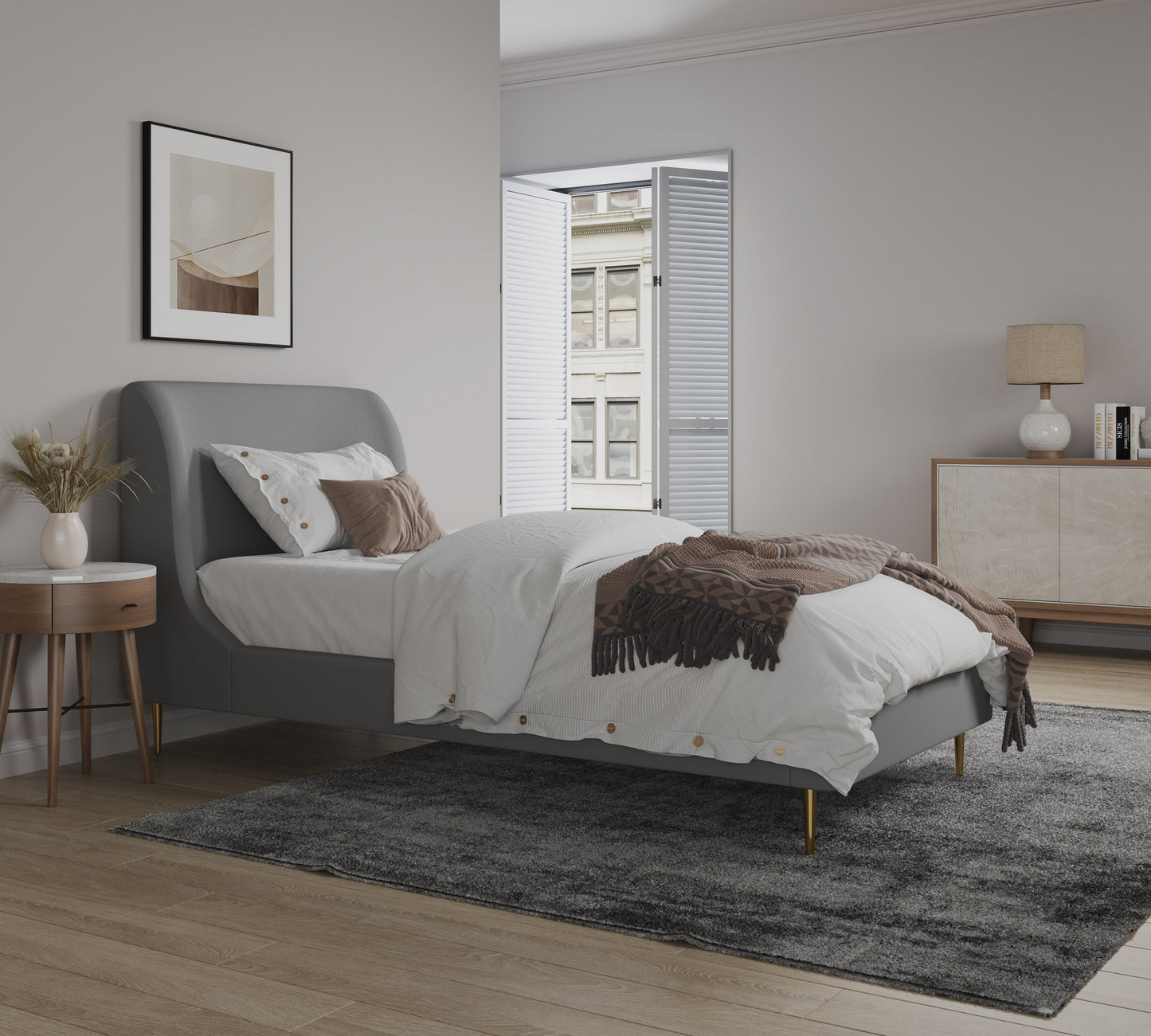 Manhattan Comfort Heather Velvet Twin Bed in Grey with Gold Legs BD003-TW-GY