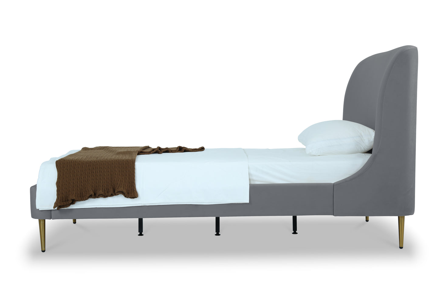 Manhattan Comfort Heather Velvet Twin Bed in Grey with Gold Legs BD003-TW-GY