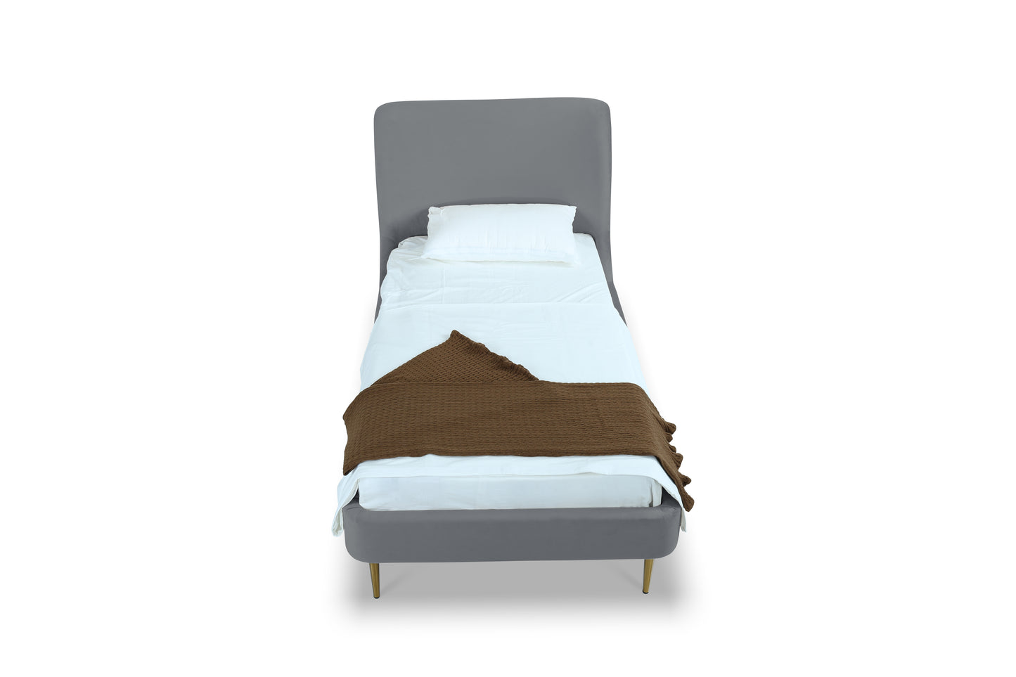 Manhattan Comfort Heather Velvet Twin Bed in Grey with Gold Legs BD003-TW-GY