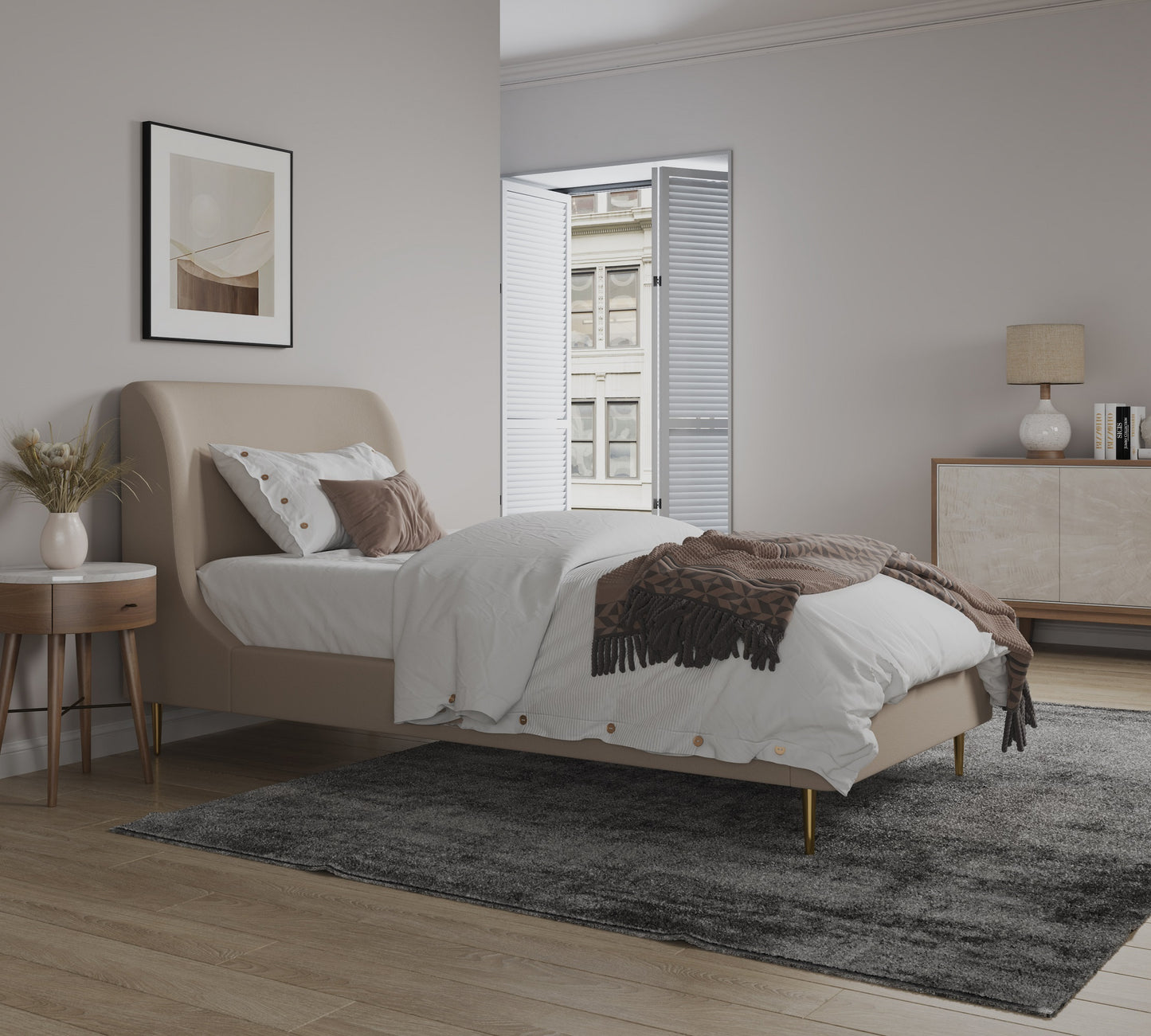 Manhattan Comfort Heather Velvet Twin Bed in Taupe with Gold Legs BD003-TW-TP