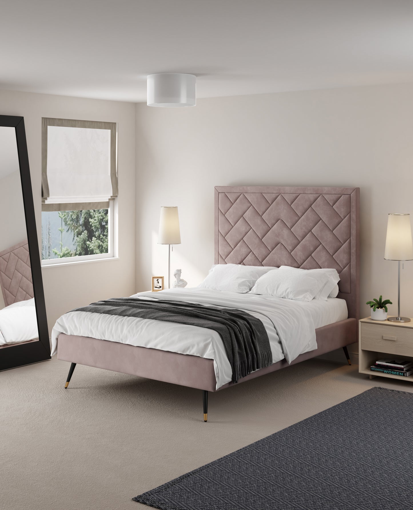 Manhattan Comfort Crosby Modern Full- Size Upholstered Velvet Bedframe and Headboard in Blush BD009-FL-BH
