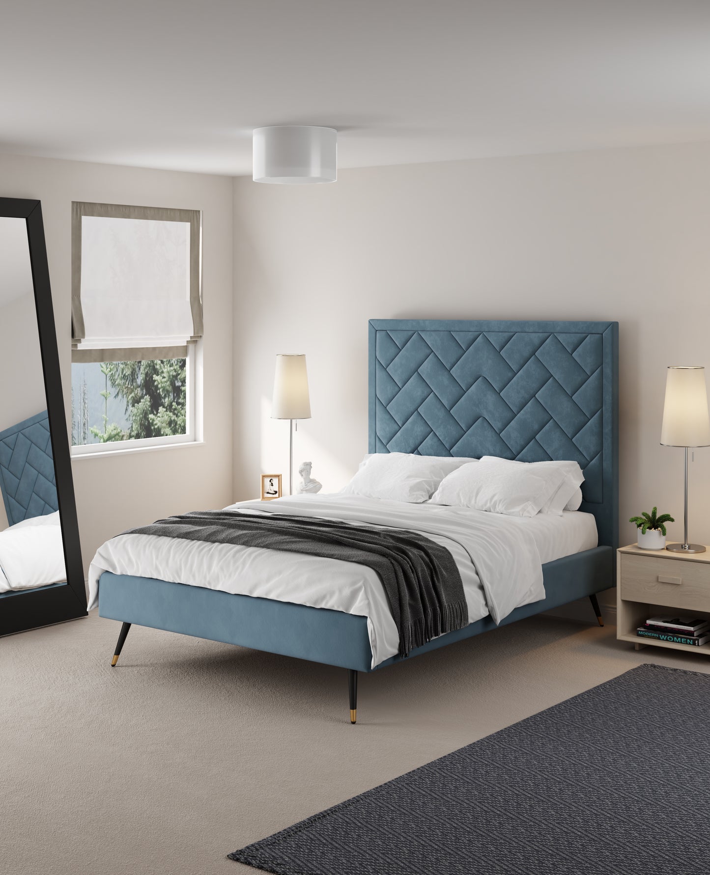 Manhattan Comfort Crosby Modern Full- Size Upholstered Velvet Bedframe and Headboard in Blue BD009-FL-BL