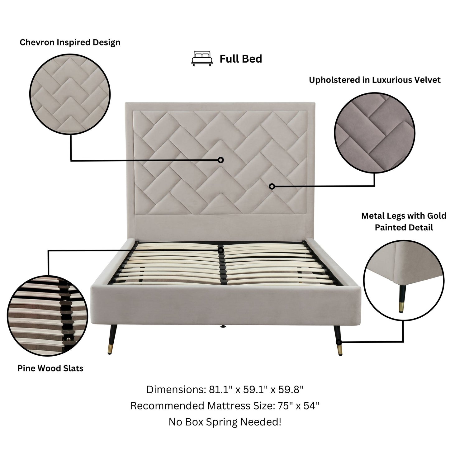 Crosby Modern Upholstered Velvet Full Bed in Greige BD009-FL-GE