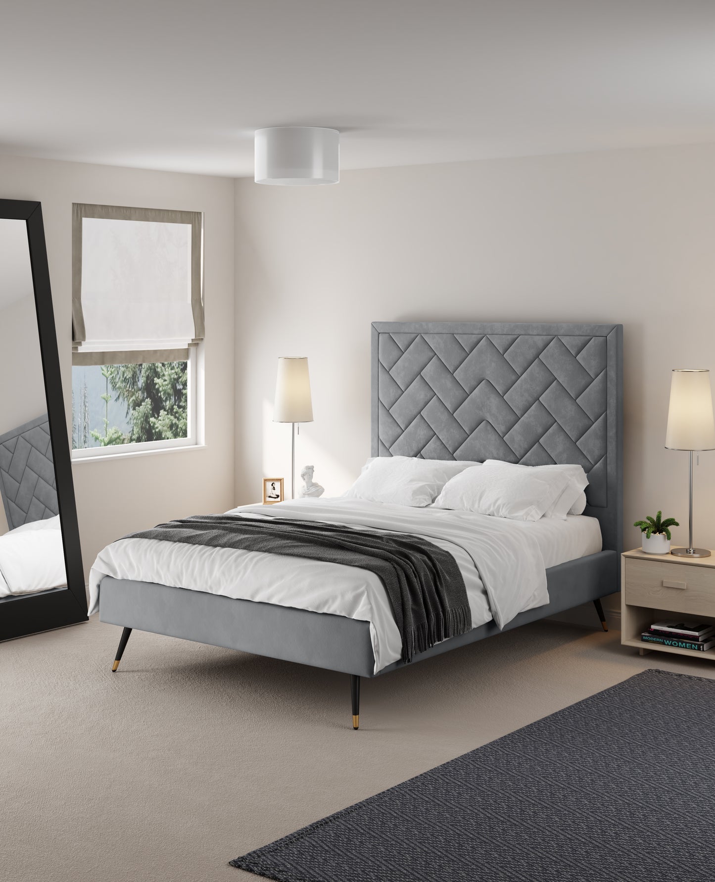 Manhattan Comfort Crosby Modern Full- Size Upholstered Velvet Bedframe and Headboard in Grey BD009-FL-GY
