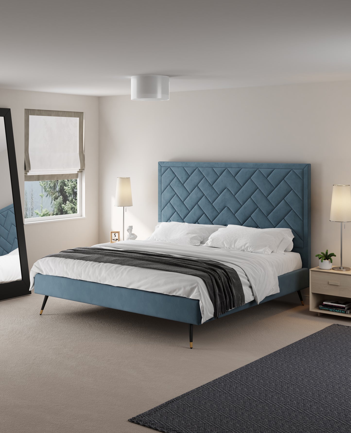 Manhattan Comfort Crosby Modern King-Size Upholstered Velvet Bedframe and Headboard in Blue BD009-KG-BL