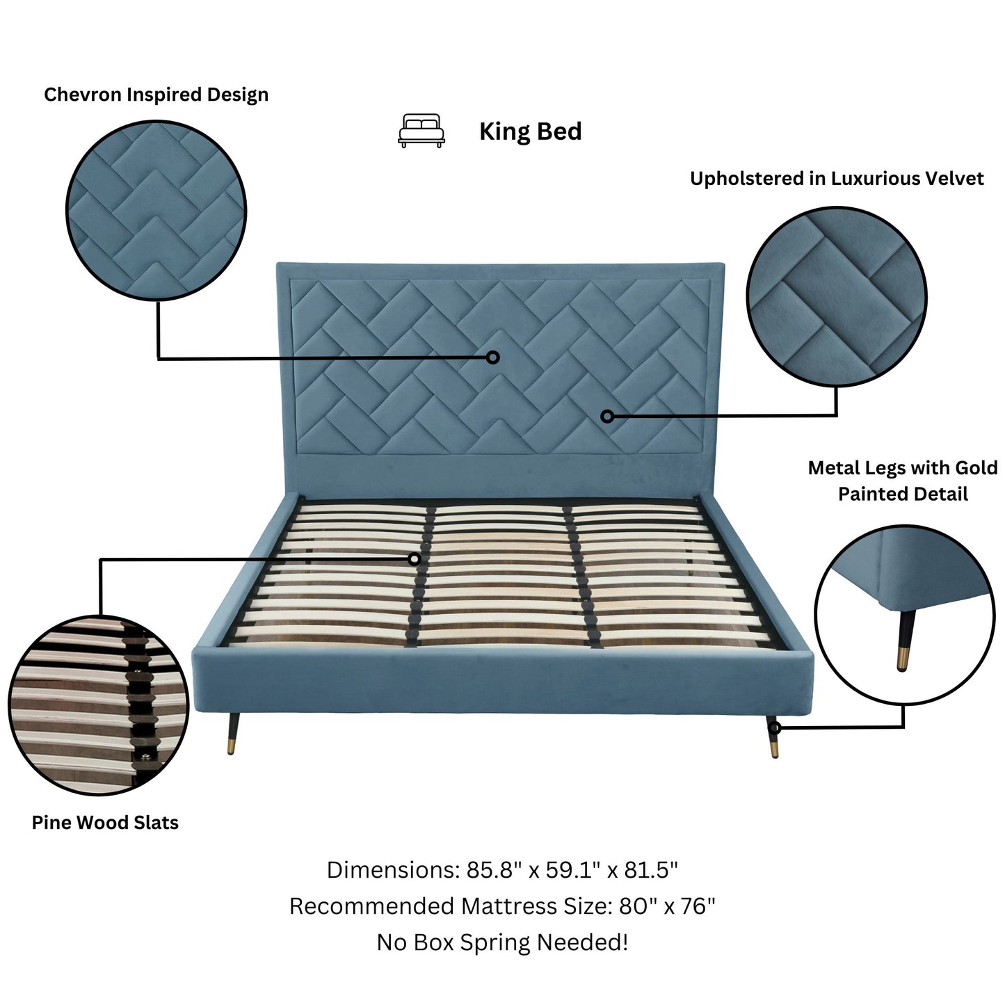 Manhattan Comfort Crosby Modern King-Size Upholstered Velvet Bedframe and Headboard in Blue BD009-KG-BL