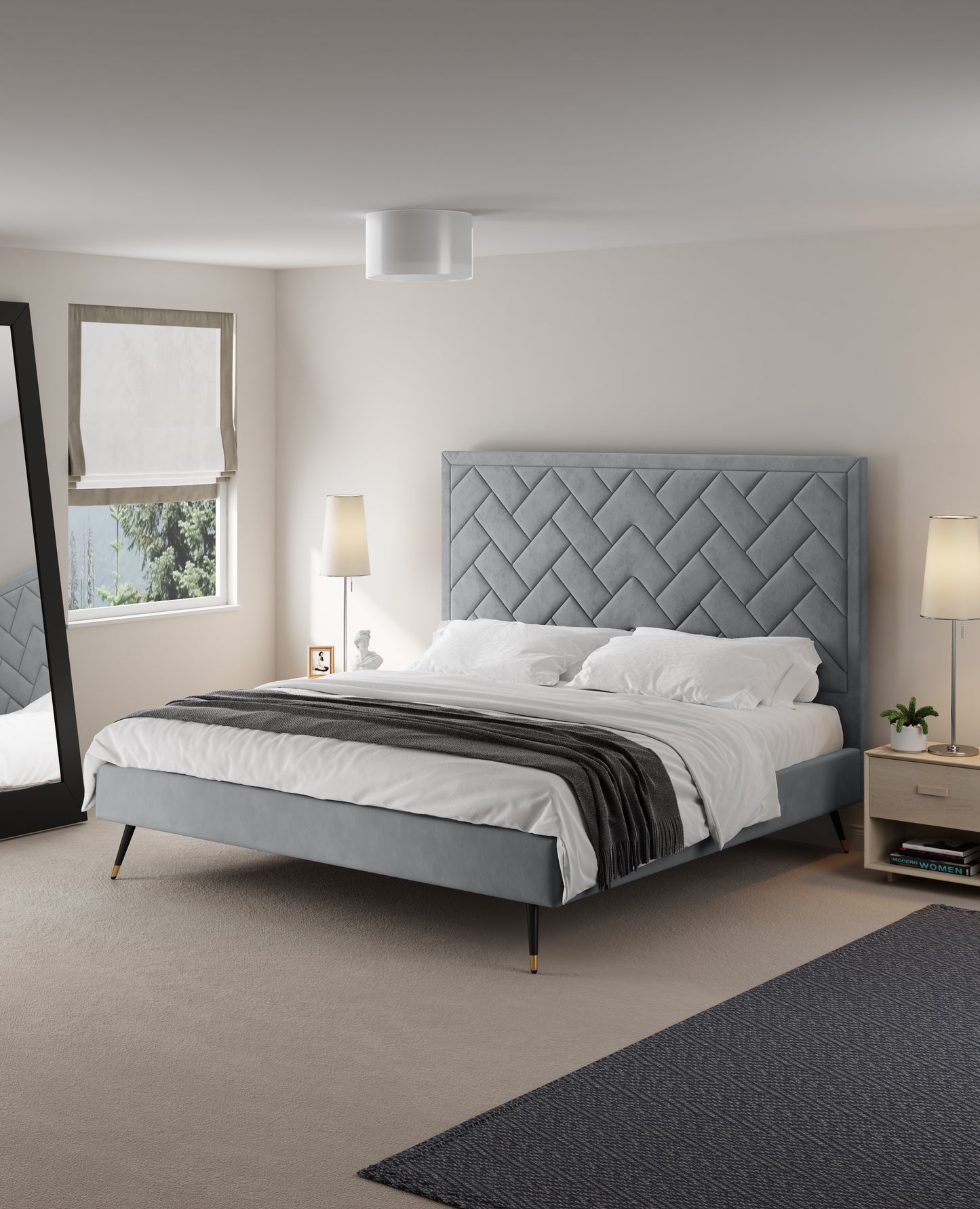 Crosby Modern Upholstered Velvet King Bed in Gray BD009-KG-GY