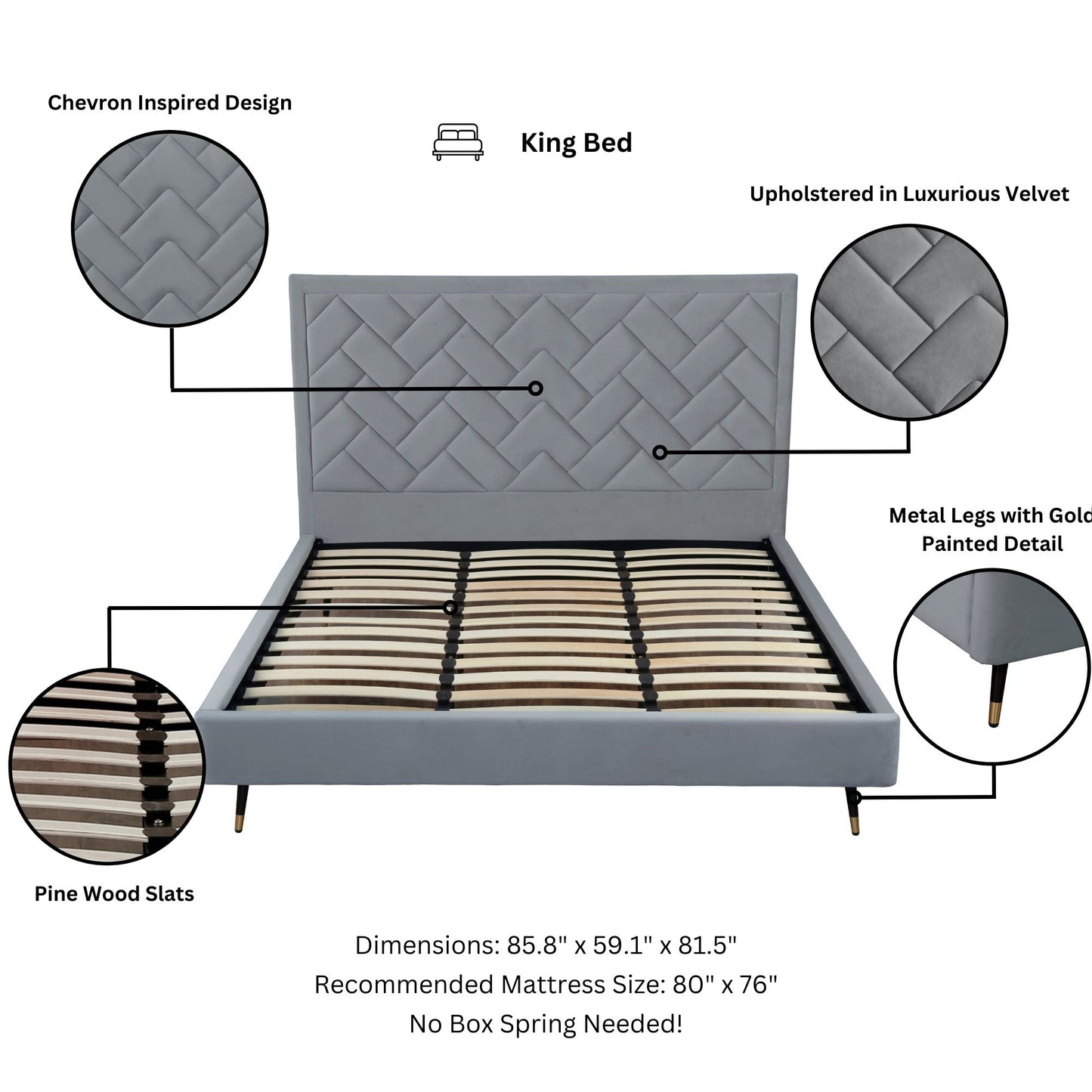 Crosby Modern Upholstered Velvet King Bed in Gray BD009-KG-GY