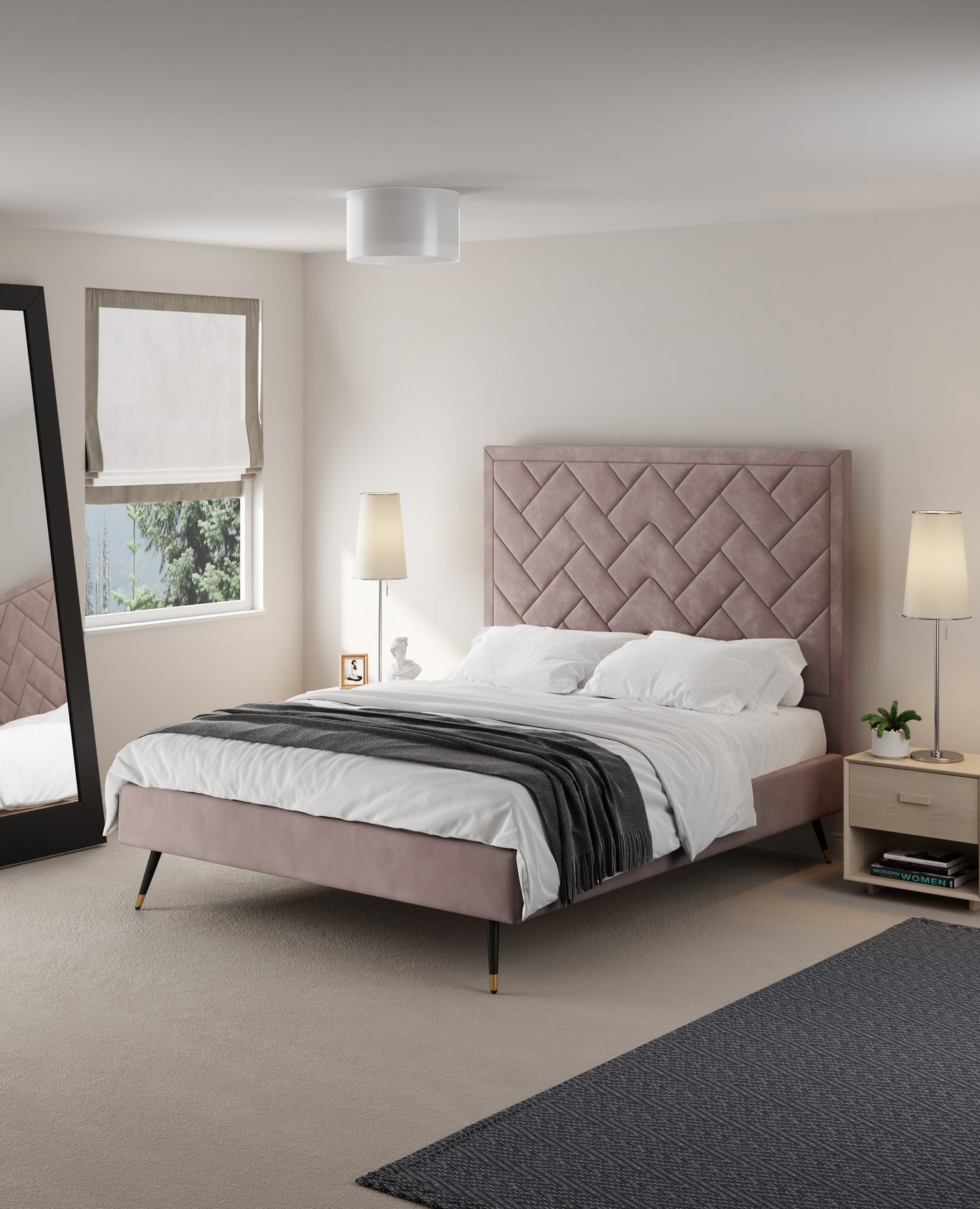 Manhattan Comfort Crosby Modern Queen-Size Upholstered Velvet Bedframe and Headboard in Blush BD009-QN-BH