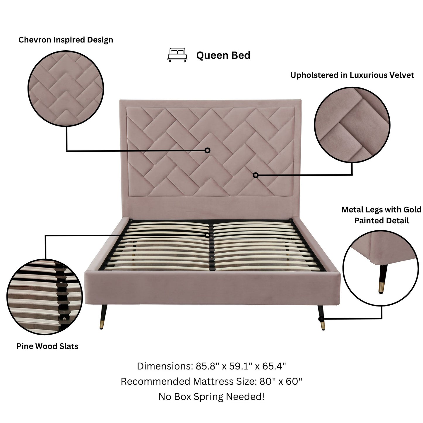 Manhattan Comfort Crosby Modern Queen-Size Upholstered Velvet Bedframe and Headboard in Blush BD009-QN-BH