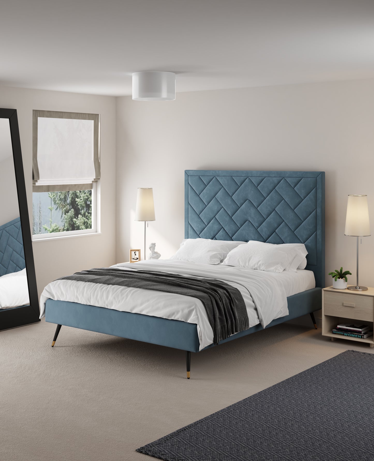 Crosby Modern Upholstered Velvet Queen Bed in Blue BD009-QN-BL