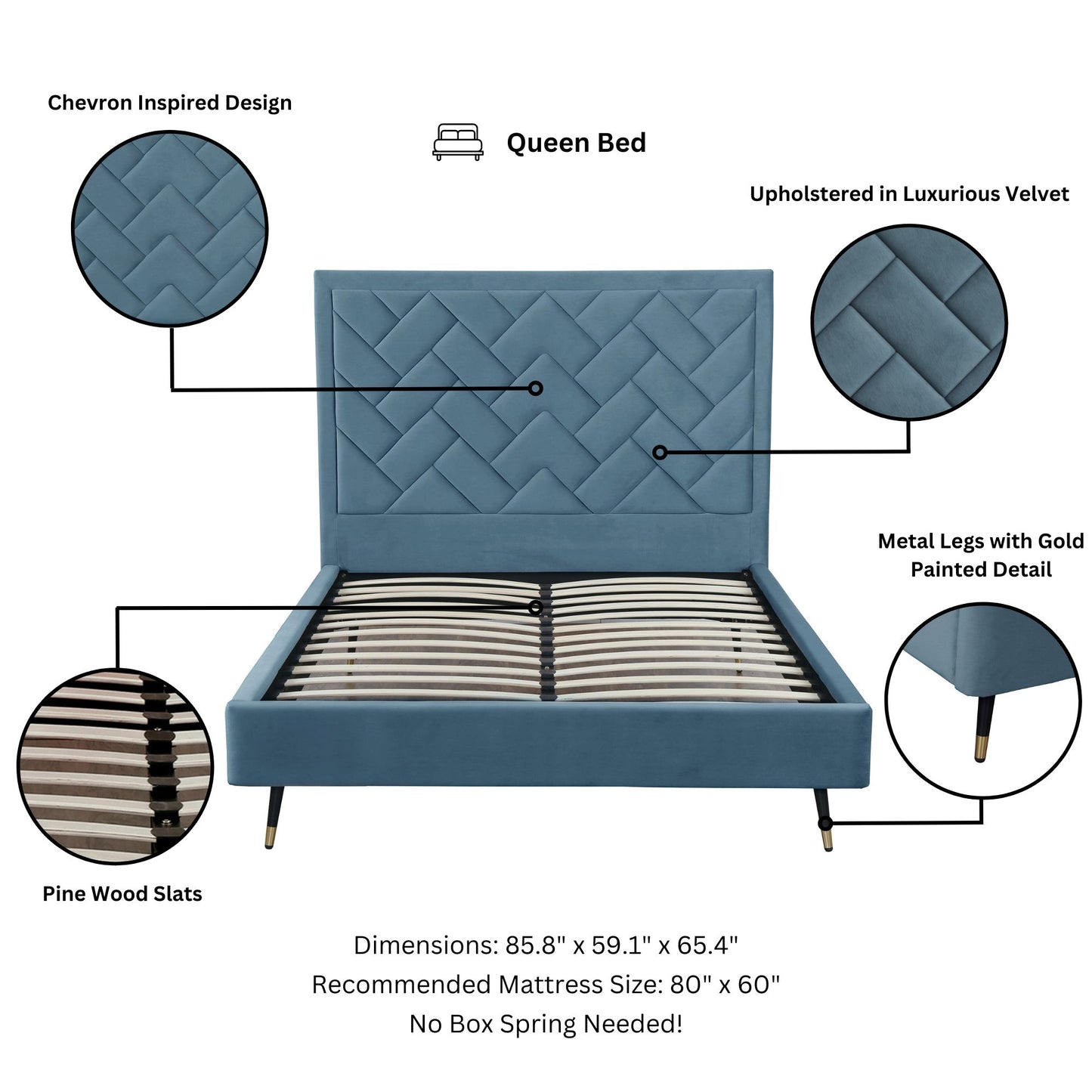 Crosby Modern Upholstered Velvet Queen Bed in Blue BD009-QN-BL