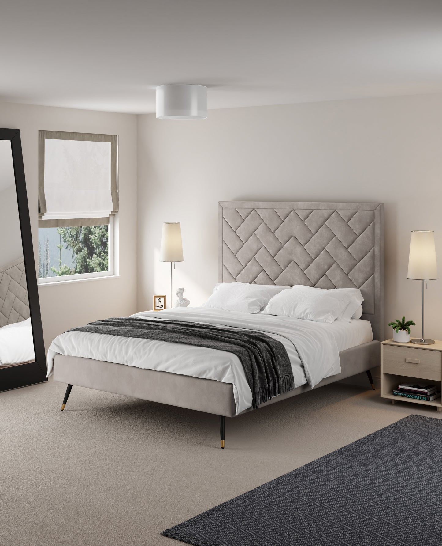 Crosby Modern Upholstered Velvet Queen Bed in Greige BD009-QN-GE