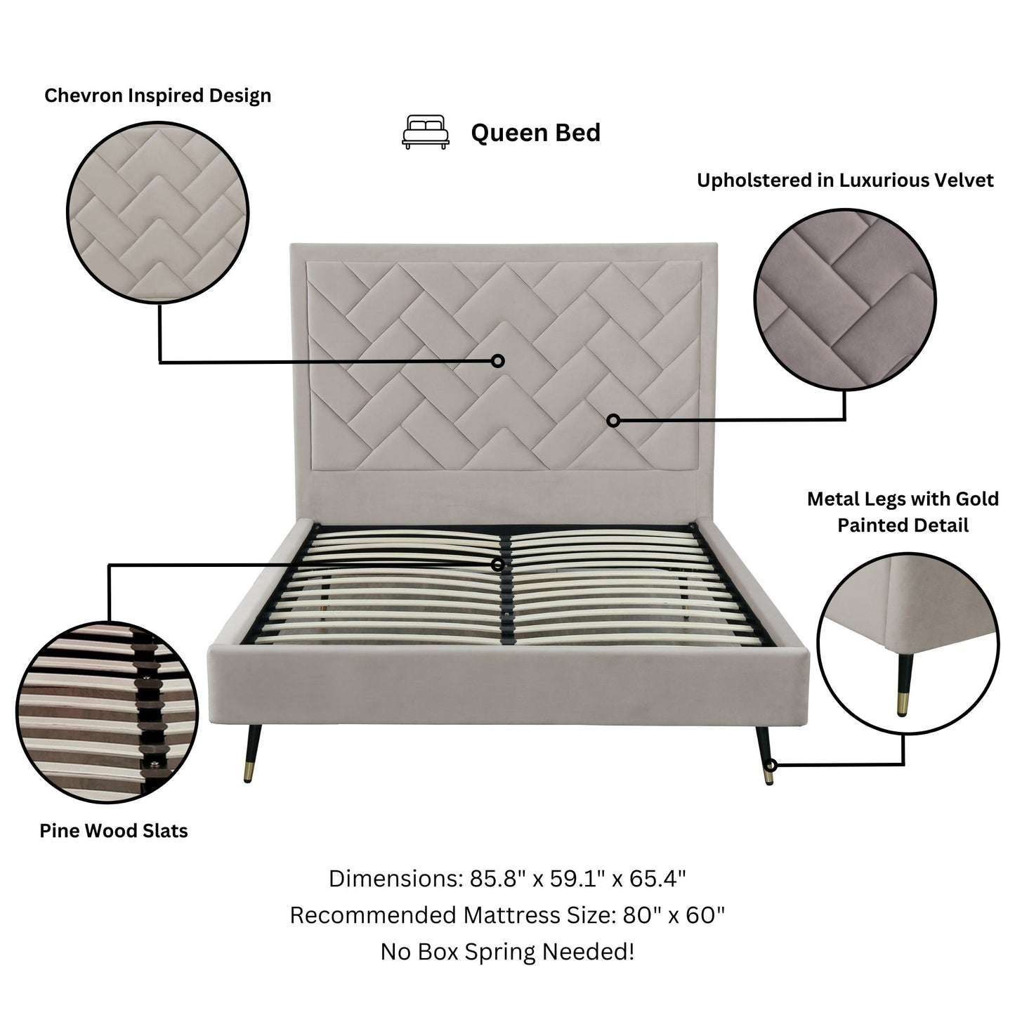 Crosby Modern Upholstered Velvet Queen Bed in Greige BD009-QN-GE