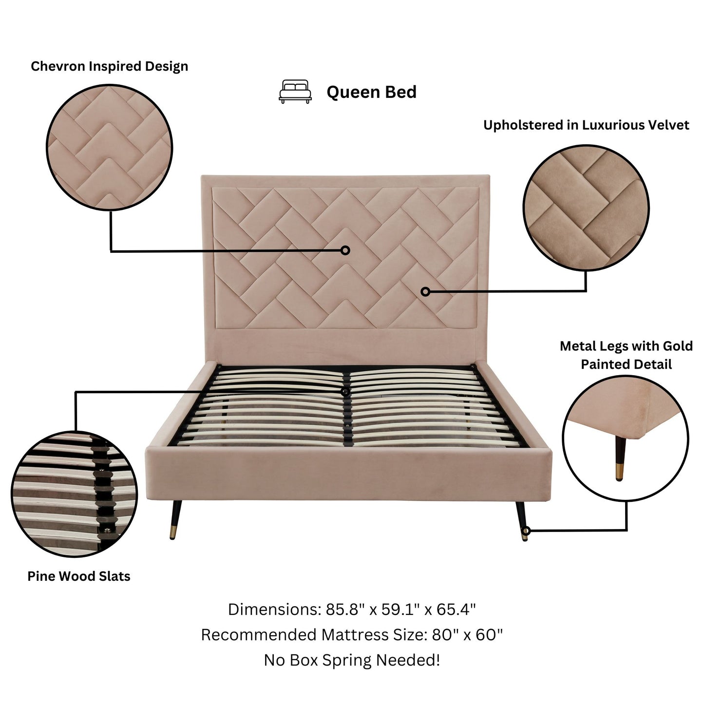 Crosby Modern Upholstered Velvet Queen Bed in Nude BD009-QN-ND